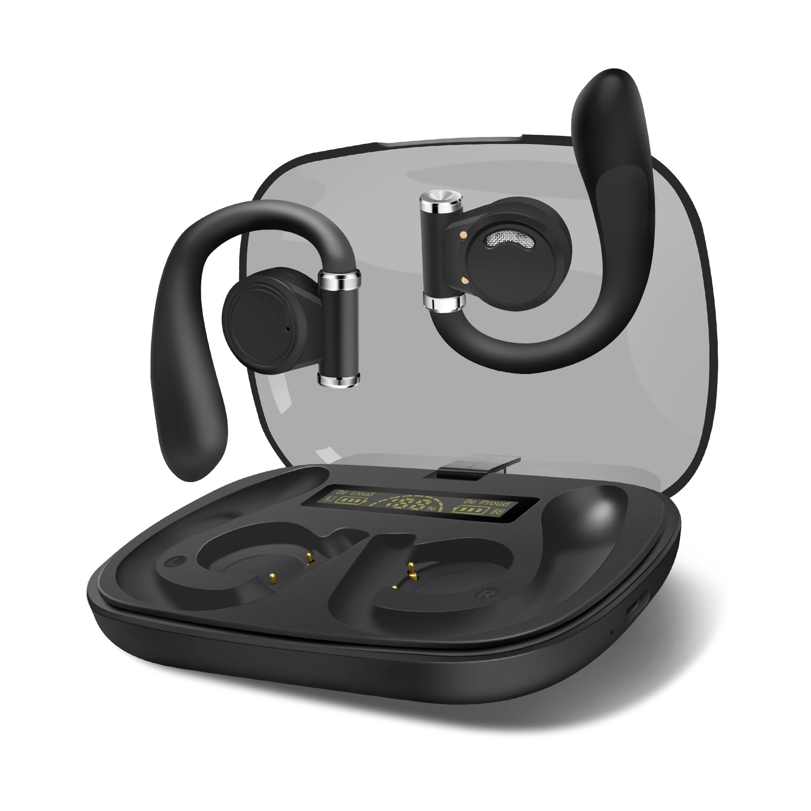 HUALIMEI Open Ear Wireless Bluetooth Headphones with Secure Hook Design, Rotatable Sports Earbuds - Digital Display Charging Case - Perfect for Running, Gym Workouts, Cycling & Outdoor Activities (Black)