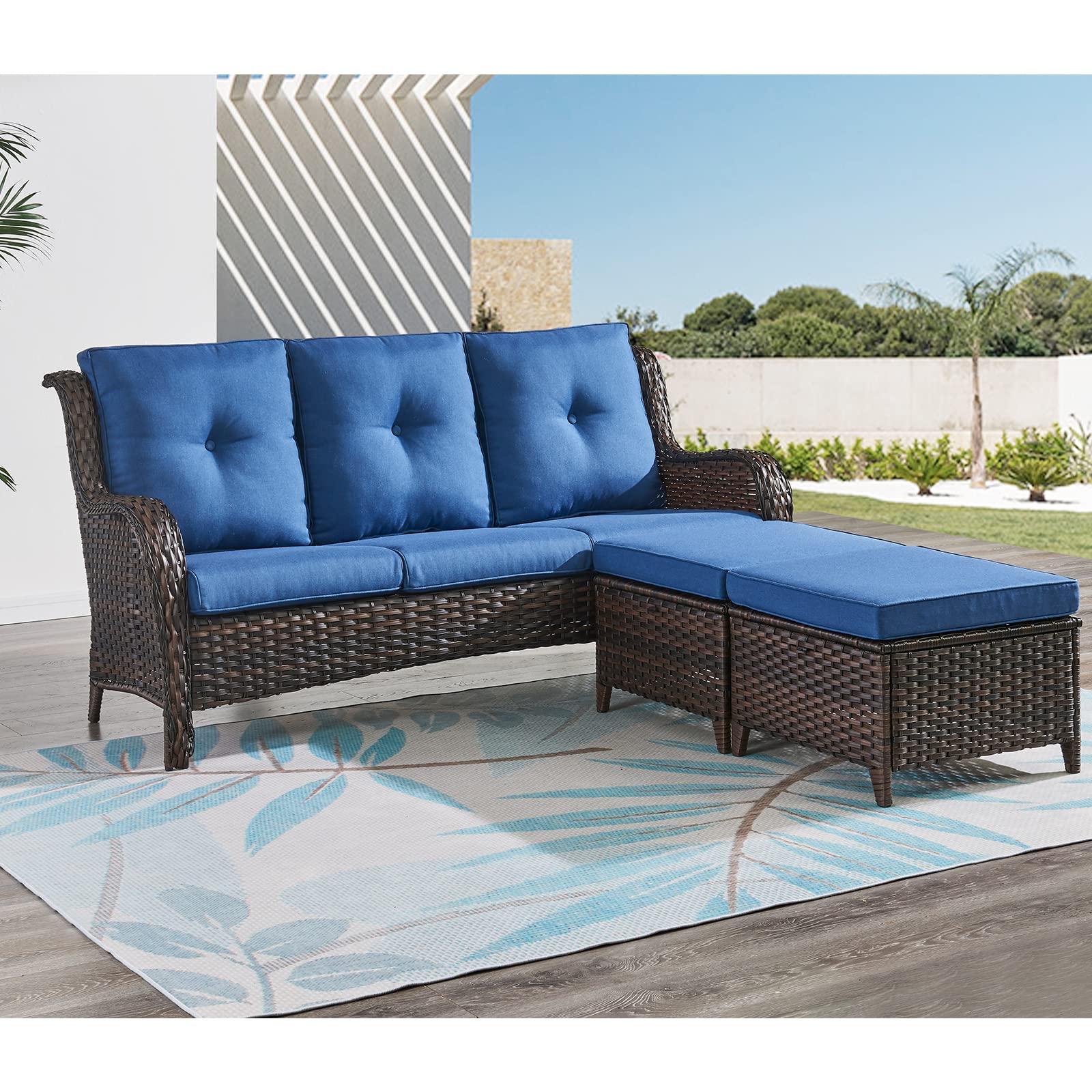 HUMMUH 3-Piece All-Weather Wicker Patio Furniture Set - Outdoor Sectional Sofa with Manual Weaving Rattan & High Curved Back - Includes Ottomans - Perfect for Backyard, Poolside & Garden Relaxation