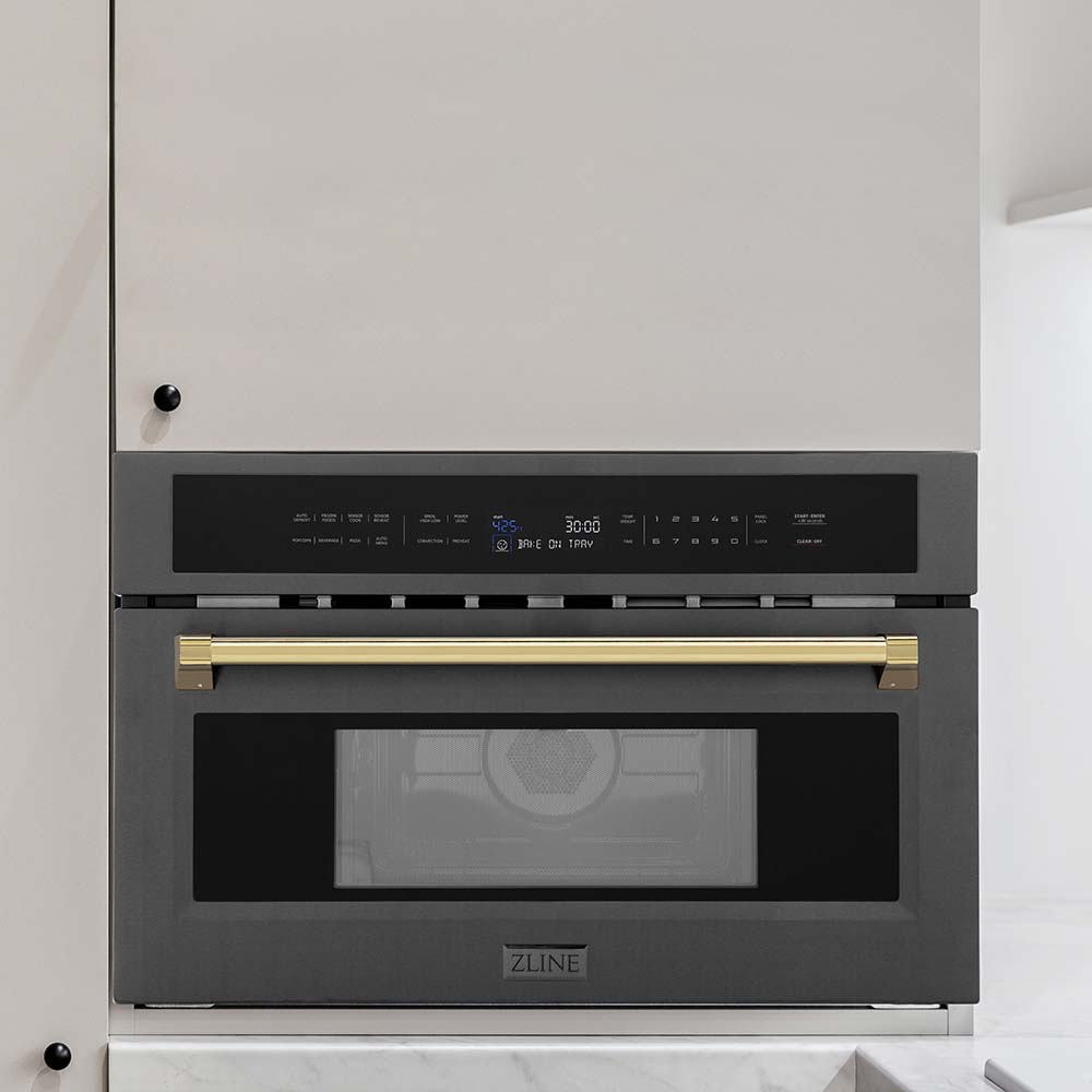 ZLINE Autograph Edition 30-Inch Built-In Convection Microwave Oven - 1.6 cu ft Capacity, Black Stainless Steel with Polished Gold Accents (MWOZ 30 BS G) - Perfect for Modern Kitchens & Gourmet Cooking