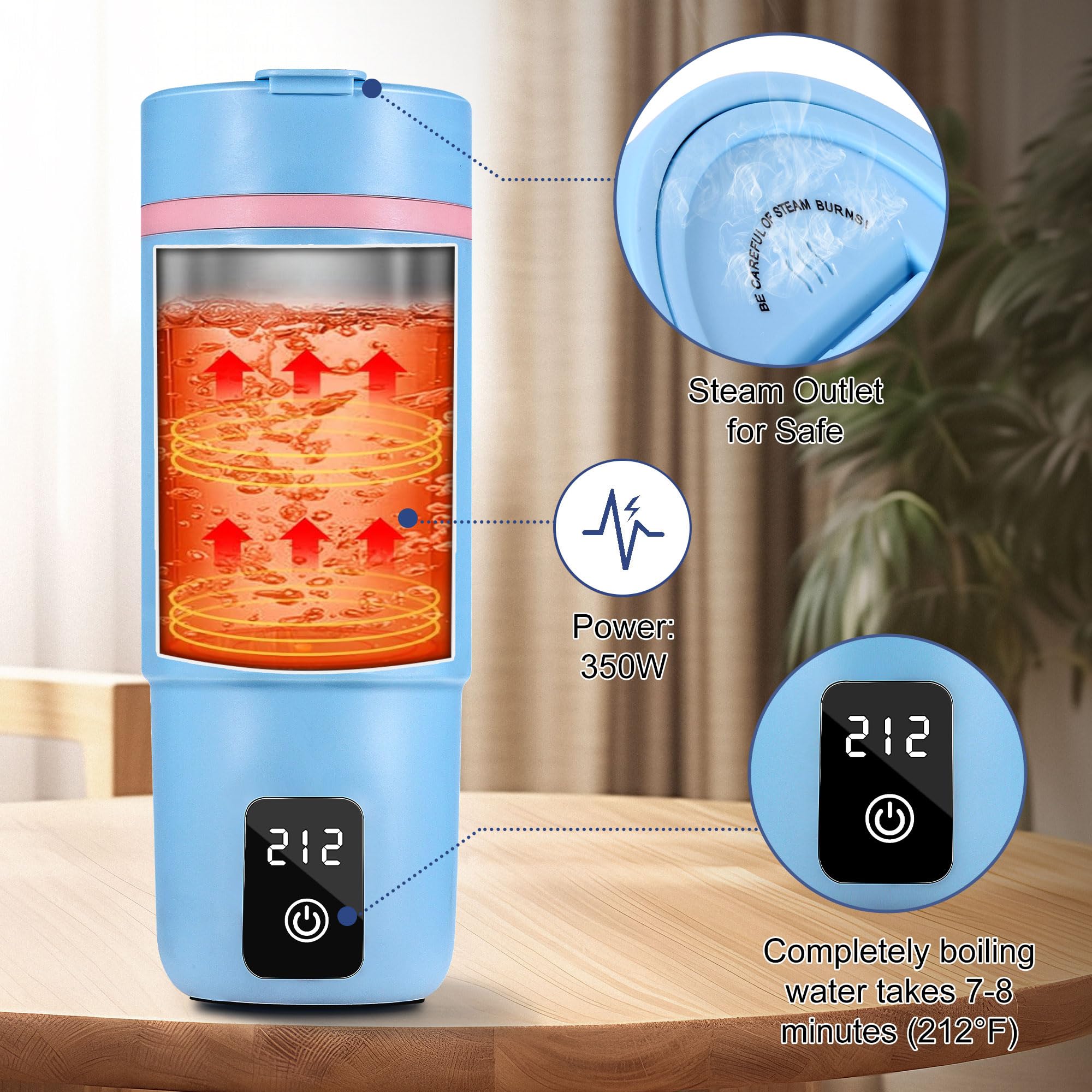 Portable Electric Travel Kettle - 17oz Stainless Steel Water Boiler with 6 Temperature Settings, Auto Shut-Off & Boil-Dry Protection, Waterproof Base (Polygon Blue) - Perfect for Camping, Office, Hotel & Home Use