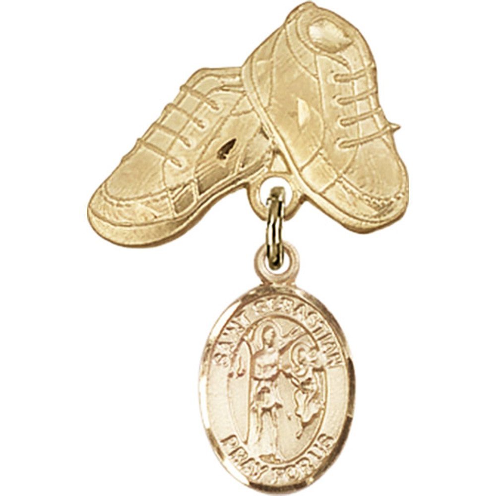 Gold Filled St. Sebastian Baby Badge Charm - 1 X 5/8 Inch Baby Boots Pin for Christening, Baptism & Baby Shower Gifts - Religious Jewelry for Newborns