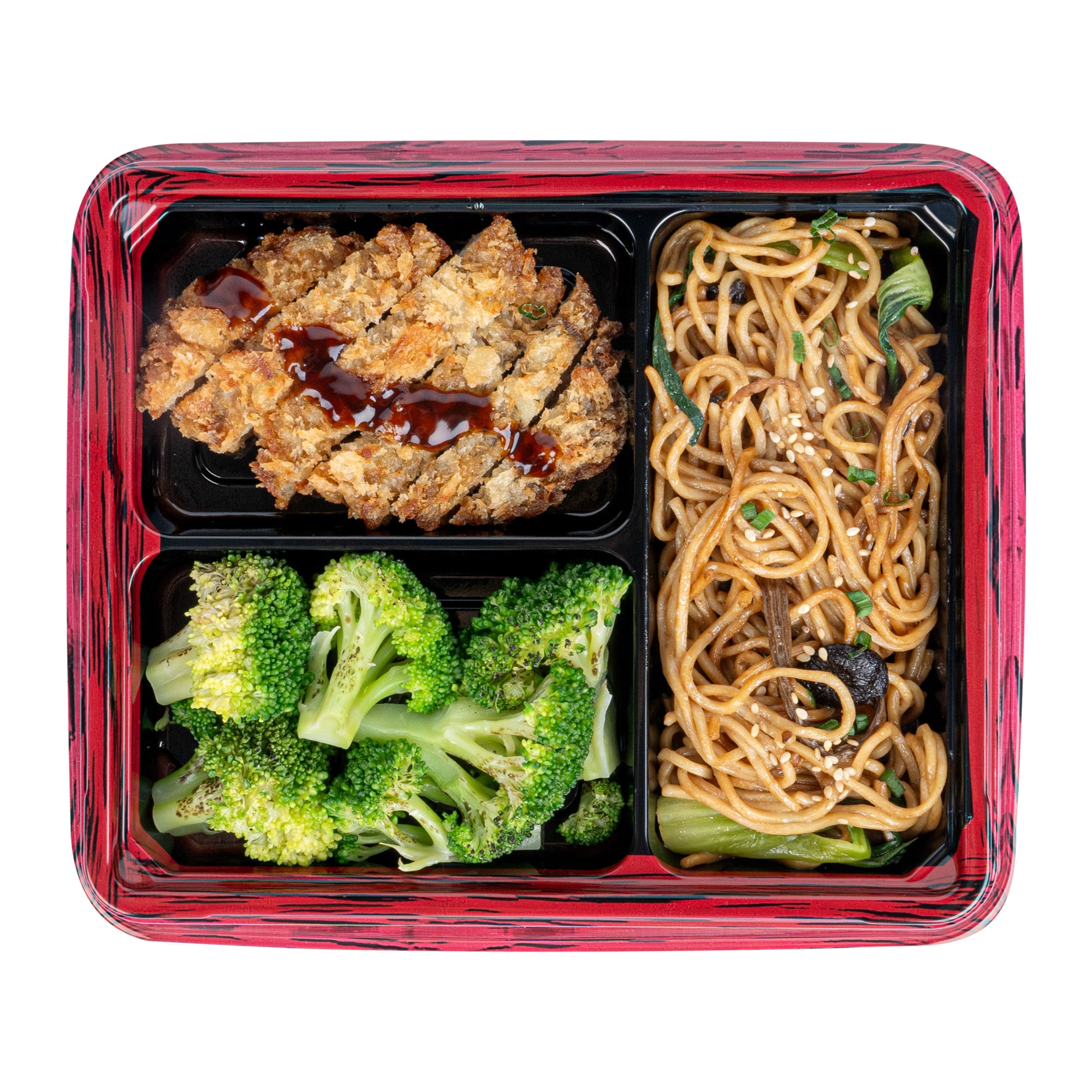 Bento Tek 16 oz Rectangle Red and Black Plastic Bento Box - 3 Compartments Lunch Container (8.75
