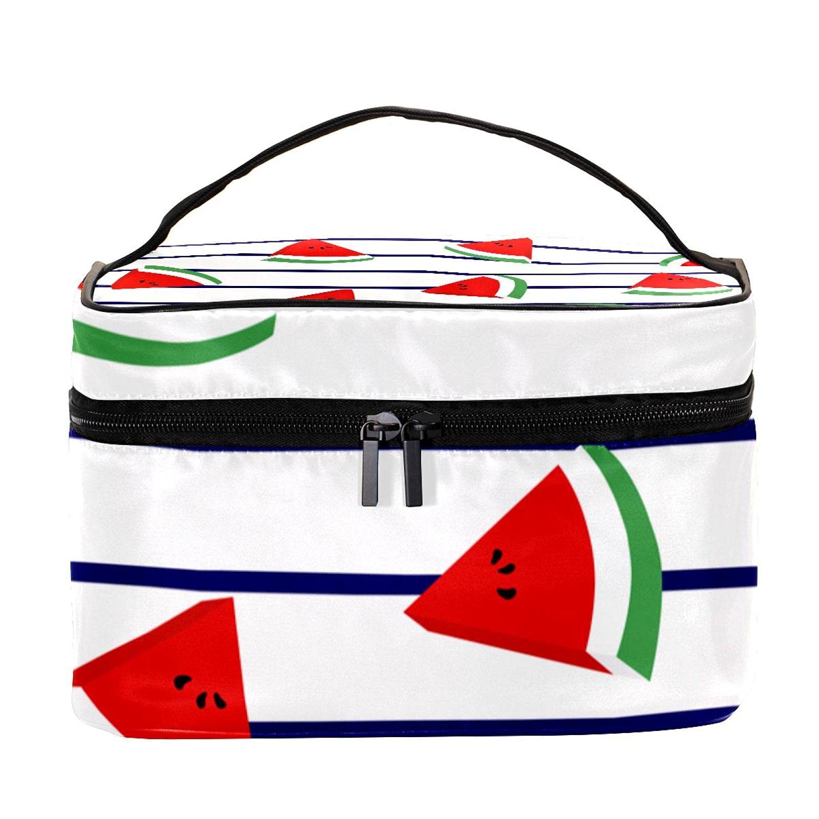 Watermelon Print Marine Stripes Travel Makeup Bag - Large Cosmetic Organizer with Zipper for Women & Girls | Perfect for Vacation, Gym, and Daily Essentials Storage