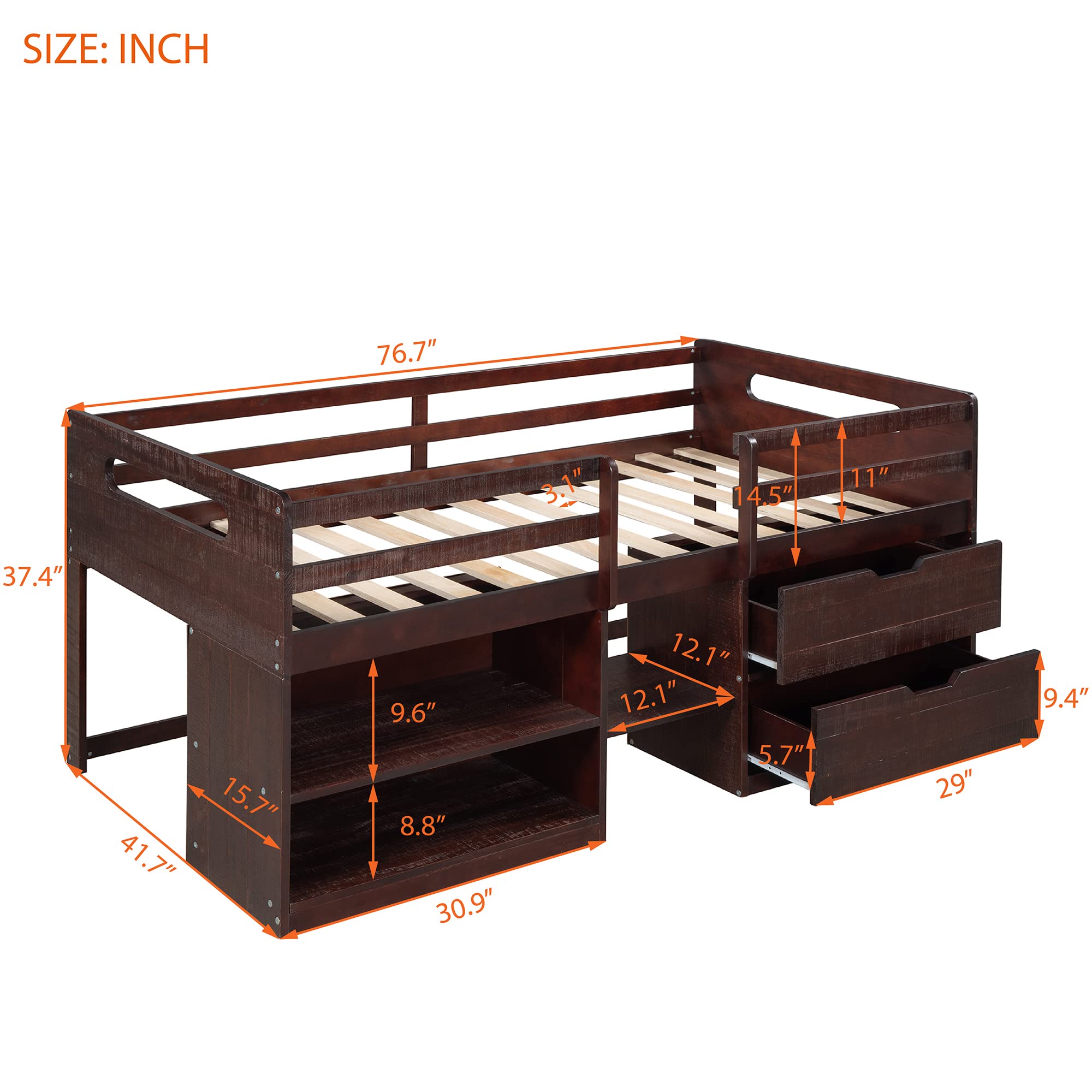 Harper & Bright Designs Twin Loft Bed with Storage Drawers - Wooden Low Loft Bed for Kids & Teens - Space-Saving Bed with 2 Shelves & 2 Drawers - No Box Spring Needed (Antique Espresso) - Perfect for Small Bedrooms, Dorm Rooms & Kids' Shared Spaces
