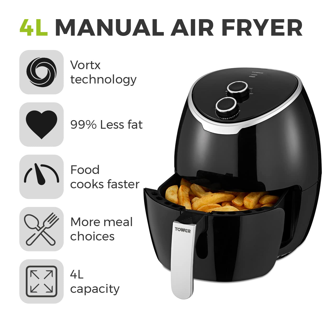 Vortexx T17061BLK Manual Air Fryer 4L Capacity - 1400W Rapid Air Circulation, 30-Min Timer - Black | Healthy Oil-Free Cooking for Family Meals, Snacks & Party Foods