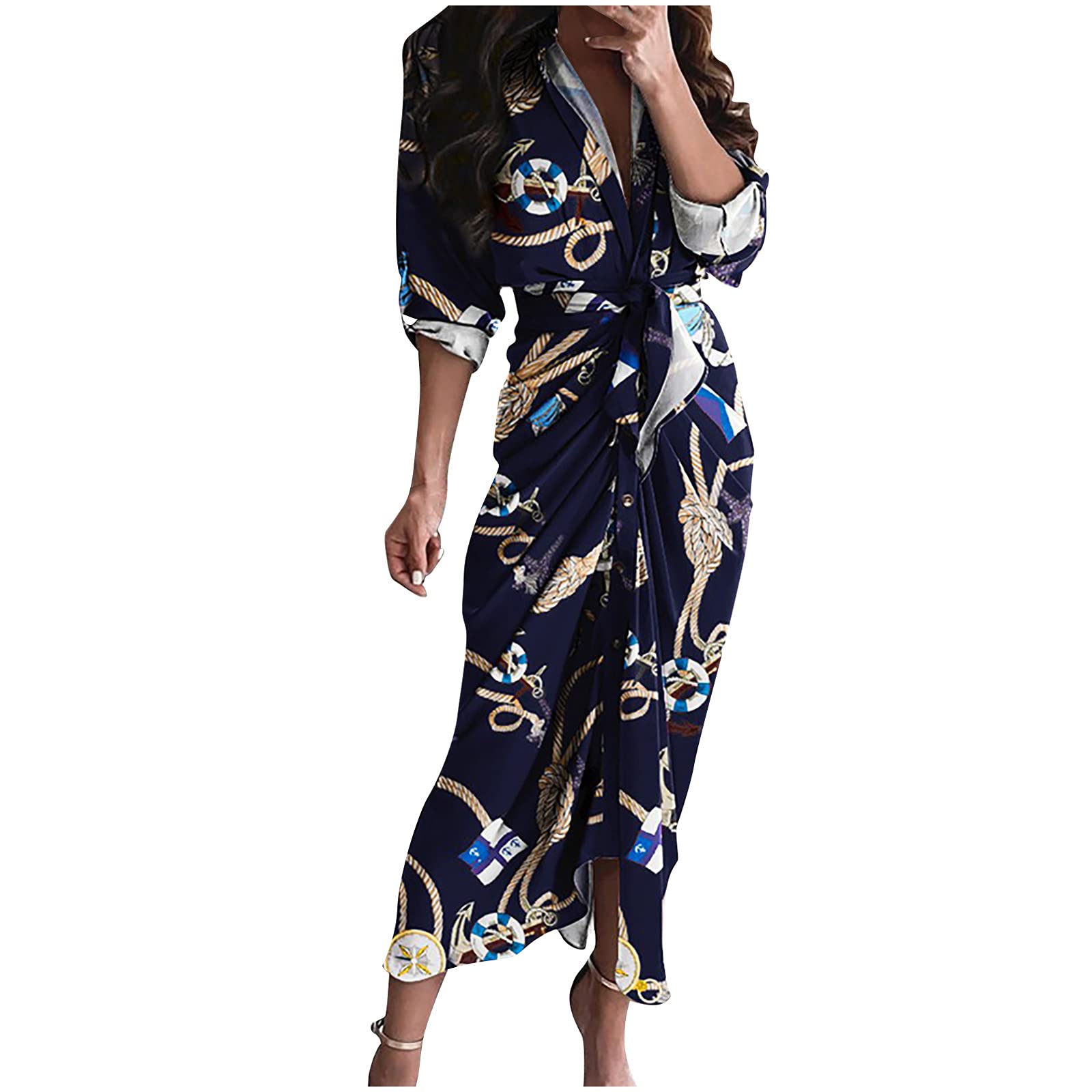 Women's Casual Long Sleeve Boho Floral Print Maxi Dress with Side Split & Button Detail - Perfect for Wedding Guest, Party, Beach Vacation & Everyday Wear