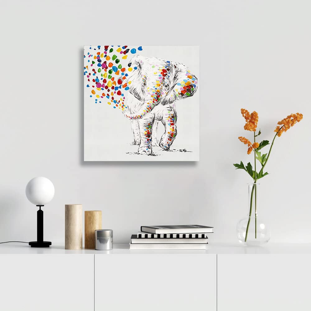 Cute Happy Elephant Canvas Wall Art - Water Spraying Elephant Print for Kids Room & Bathroom Decor - Framed Ready to Hang Poster (20