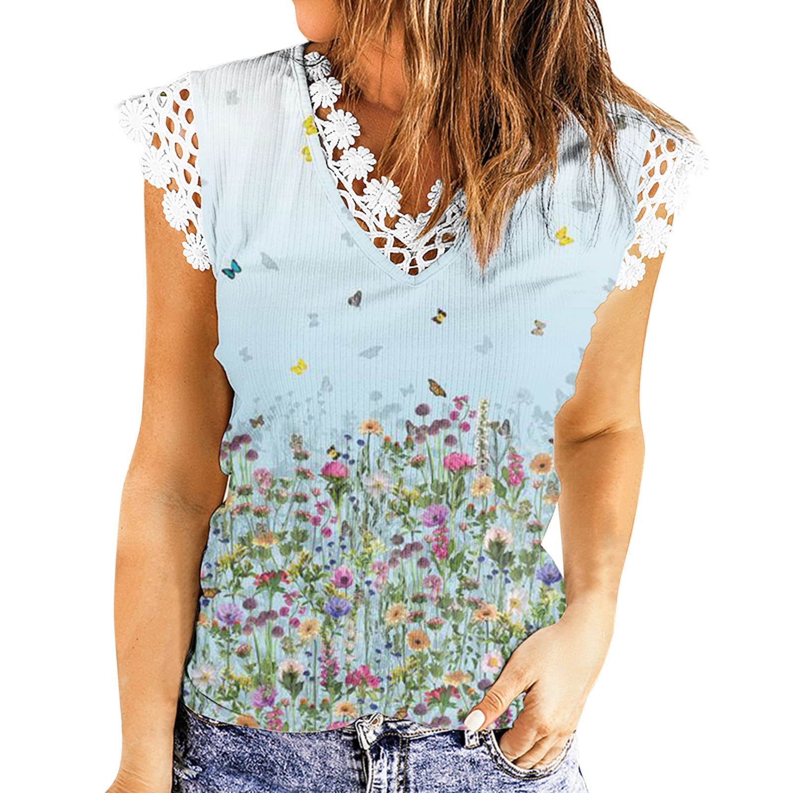 Women's V-Neck Lace Trim Casual Tunic Top - Loose Fit Summer Blouse with Floral Print, Light Blue, XX-Large - Perfect for Beach Outings, Date Nights & Weekend Brunch