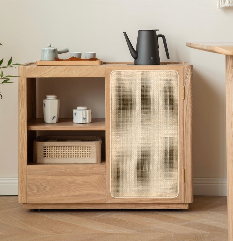 Solid Oak and Ash Wood Tea Maker Mobile Side Cabinet - Portable Side Table for Living Room, Bedroom, or Office