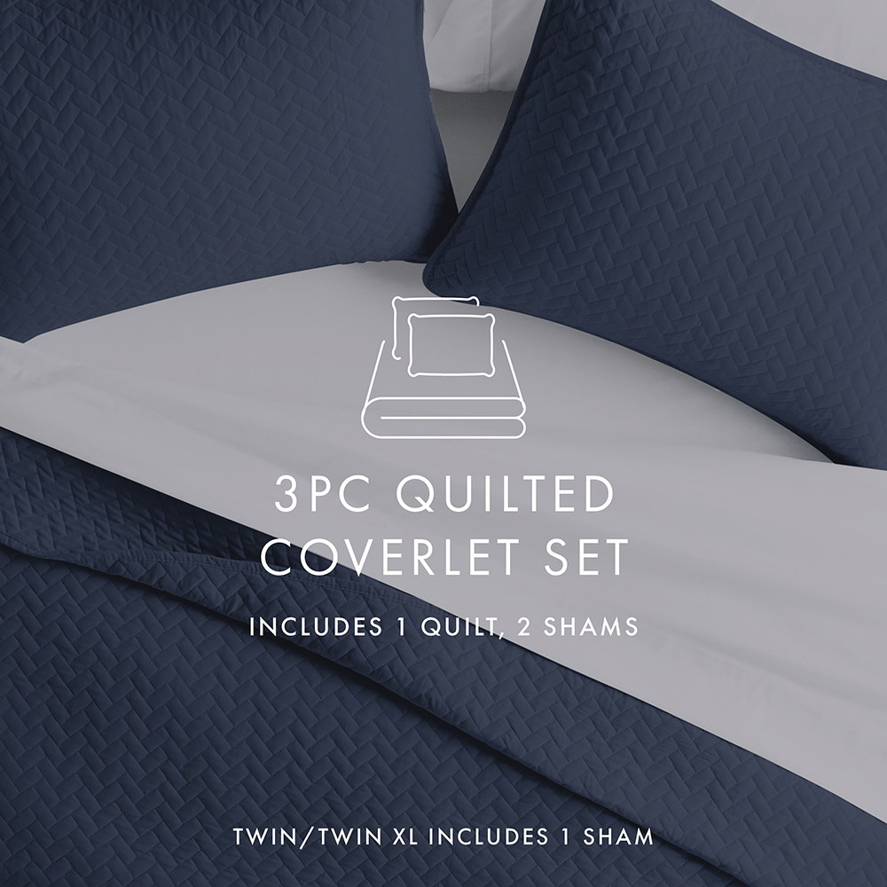 3 Piece Herringbone Quilted Coverlet Set - Queen Size Bedding with Matching Pillow Shams - Perfect for Guest Rooms & Master Bedrooms