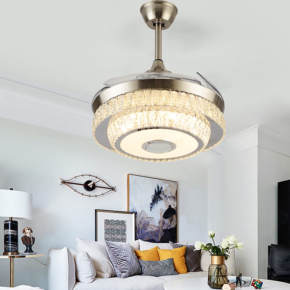 42 Inch Modern Retractable Crystal Ceiling Fan with LED Lights - Smart 7 Color Dimmable Chandelier & Bluetooth Speaker - Remote Control, Silent Motor - Perfect for Living Room, Bedroom, and Dining Room