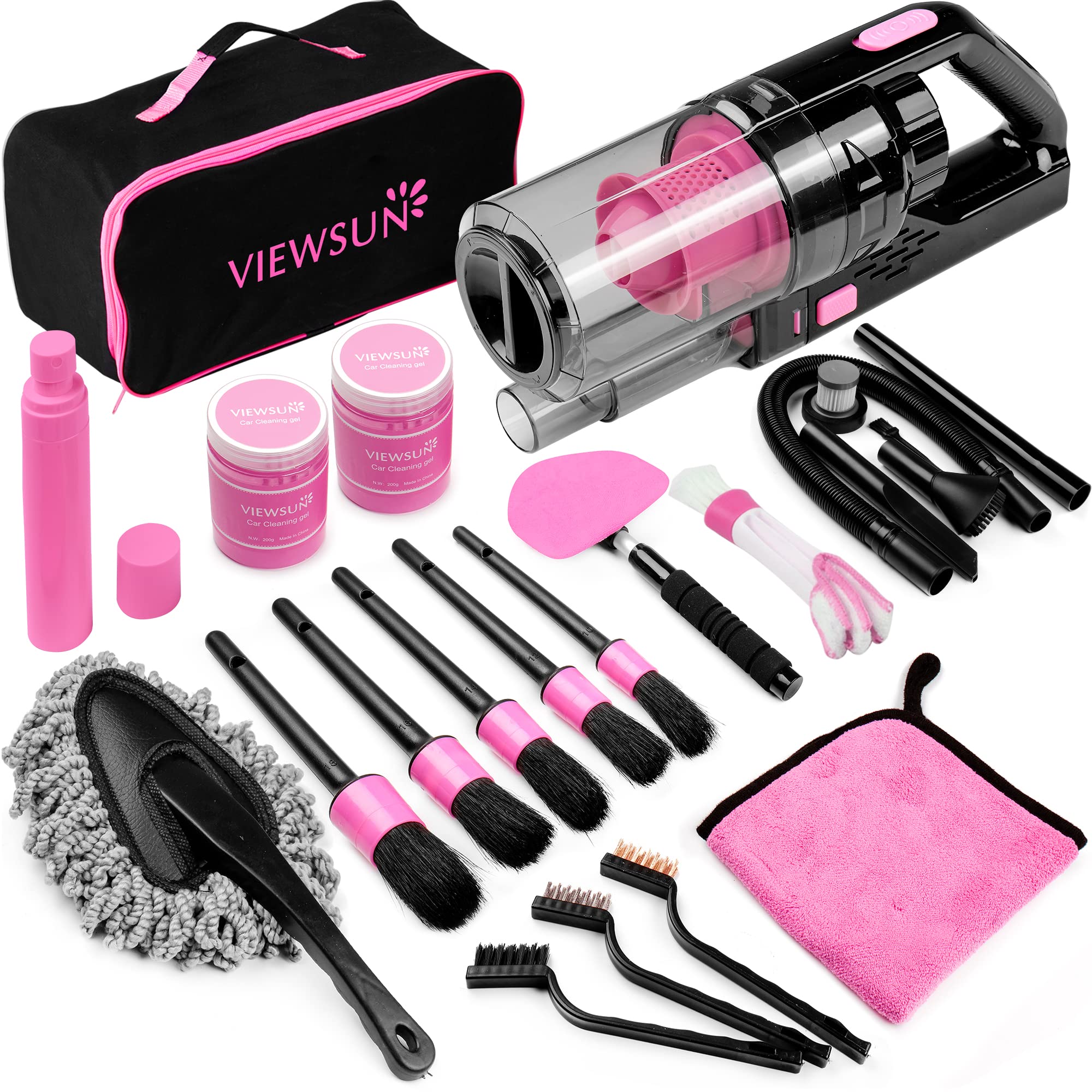 Viewsun 17-Piece Pink Car Cleaning Kit - High Power Handheld Vacuum, Detailing Brushes, Windshield Cleaner & Cleaning Gel | Complete Auto Detailing Accessories for Women | Perfect for Car Interior Care, Gift Ideas & Vehicle Maintenance