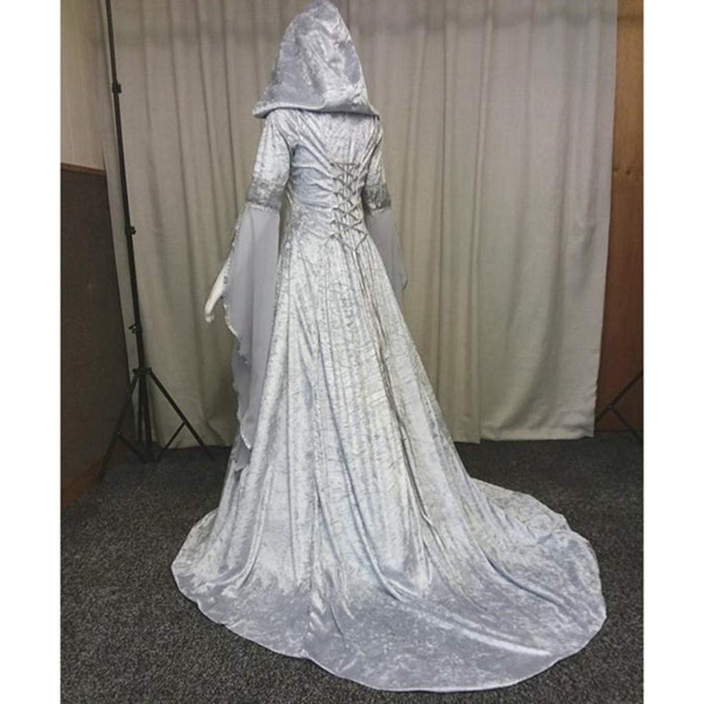 Medieval Women's Dress - Long Sleeve Hooded Floor Length Costume for Renaissance Faire, LARP, Cosplay & Halloween