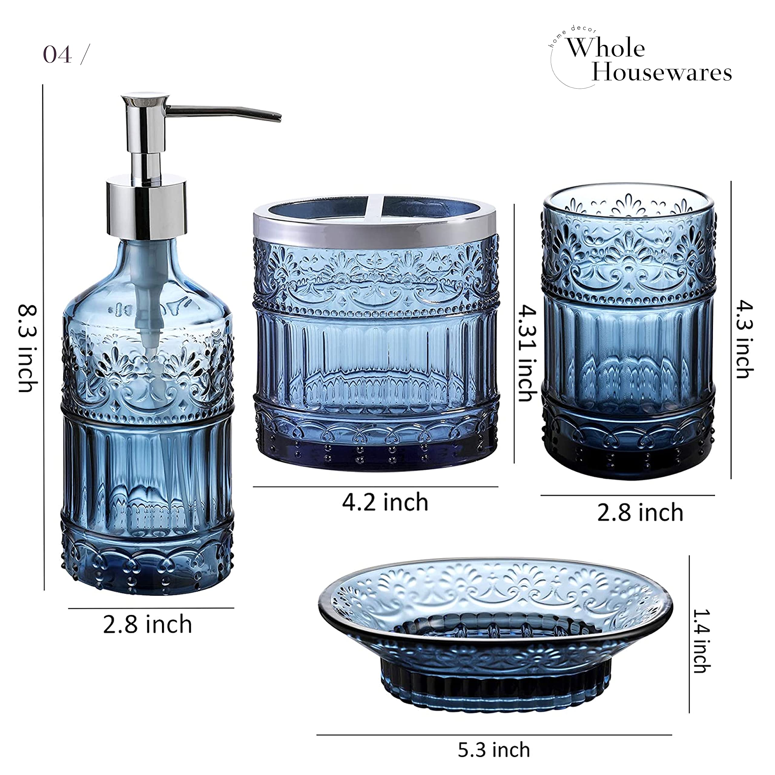 4-Piece Blue Glass Bathroom Accessories Set - Soap Dispenser, Toothbrush Holder, Vanity Tray & Jar - Elegant Boho Style Countertop Organizer for Bathroom Decor - Perfect for Modern, Farmhouse or Coastal Style Homes