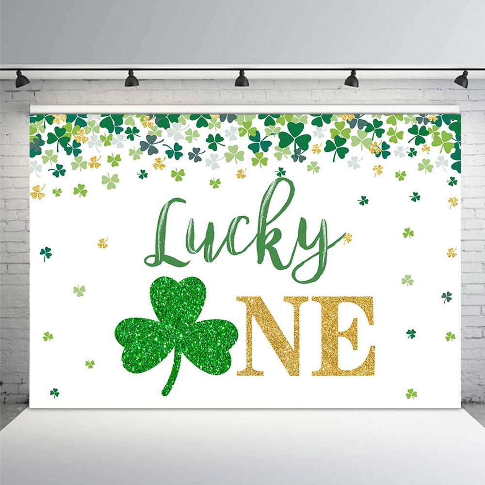 MEHOFOND 7x5ft St. Patrick's Day Happy First Birthday Party Backdrop - Green & Gold Shamrock Irish Decorations for Photography, Cake Smash, Baby Shower & Spring March Celebrations - Lucky One Banner Photo Background Props