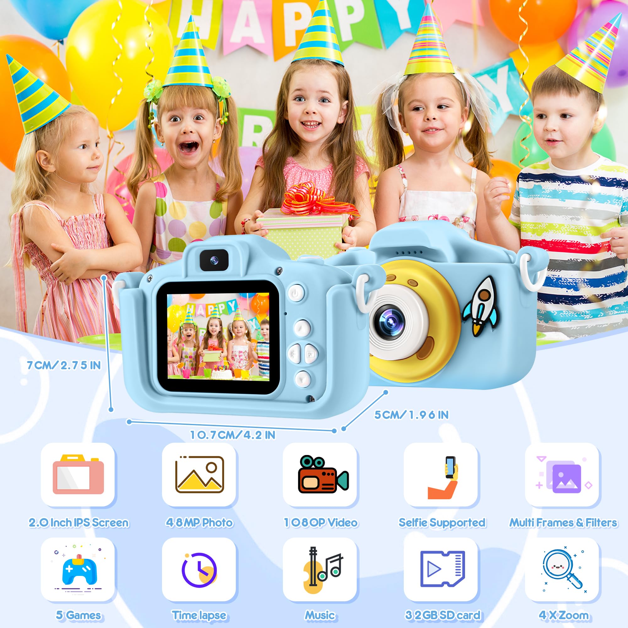 48MP Kids Digital Camera with 1080P HD Video & IPS Screen - 32GB SD Card Included | Perfect Birthday Gift for Boys & Girls Ages 3-12 | Astronaut Blue | Great for Travel, Parties & Creative Play