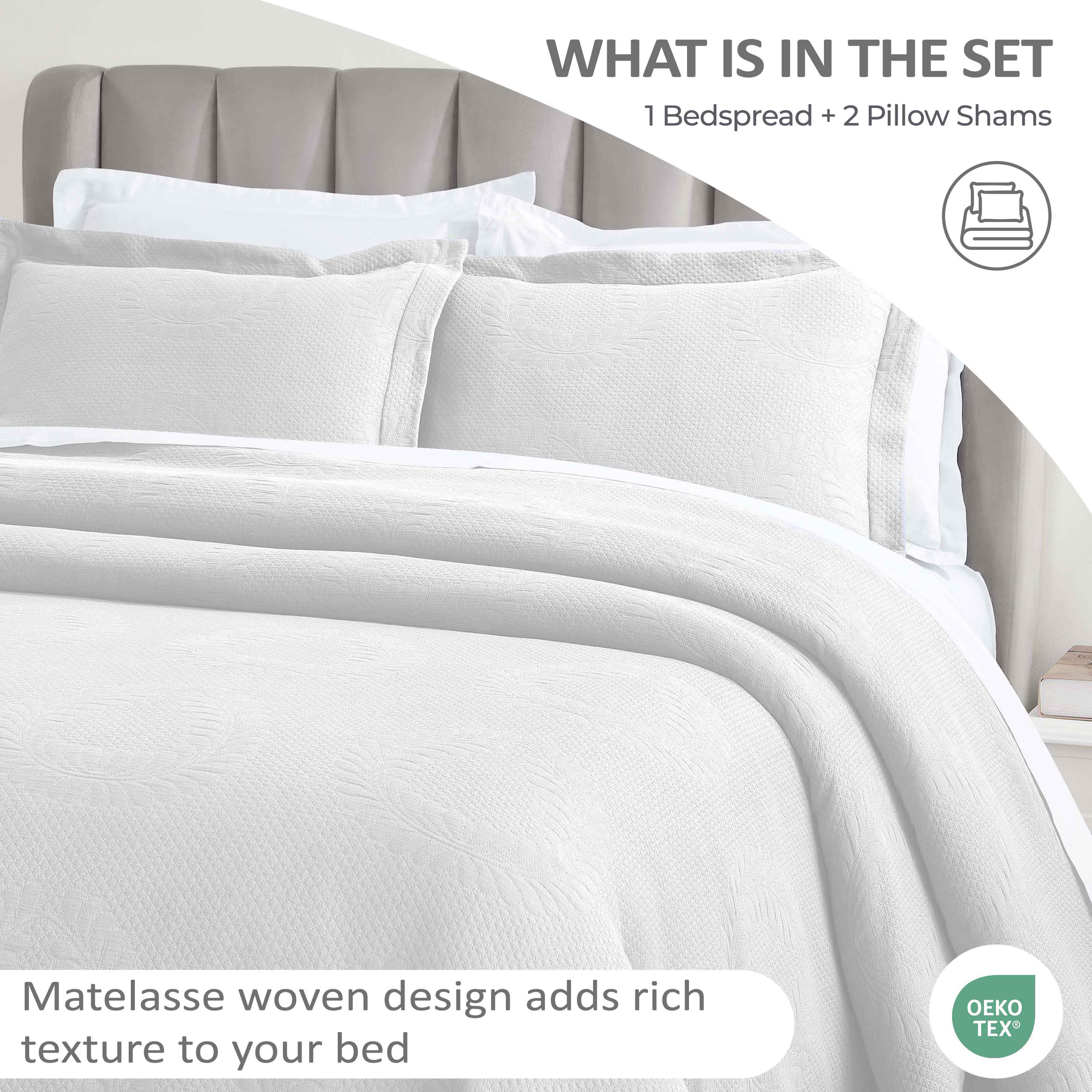 Peploi Cotton Medium Weight Matelasse Bedspread and Sham Set - Queen Size, White Textured Bed Cover with Matching Shams - Perfect for Master Bedroom, Guest Room & Hotel Decor