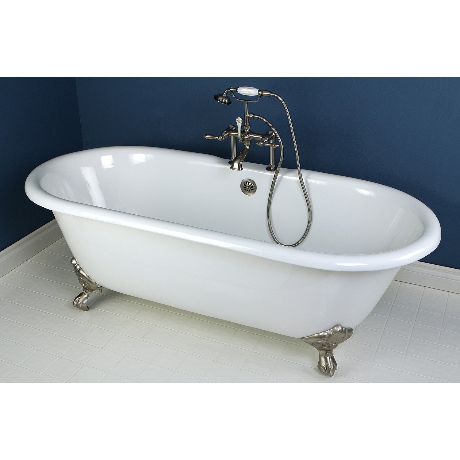 66 Inch White Cast Iron Clawfoot Bathtub with Brushed Nickel Faucet - Oval Double Ended Freestanding Soaking Tub for Vintage Bathroom Decor | Perfect for Spa-Like Relaxation & Luxury Home Renovation