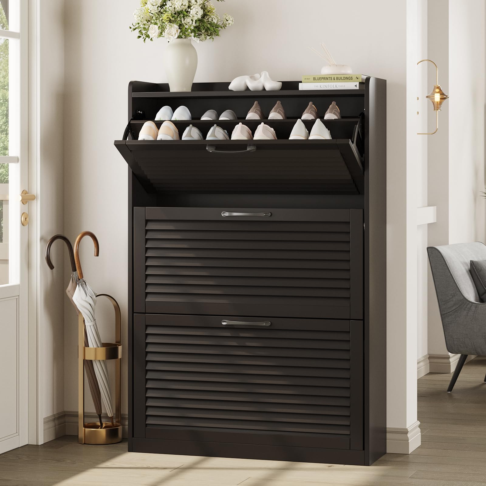 Maupvit 3-Door Flip Louvered Shoe Storage Cabinet - Freestanding Entryway Organizer with Metal Hinges, Narrow Shoe Rack for Hallway, Living Room & Bedroom - Espresso Finish