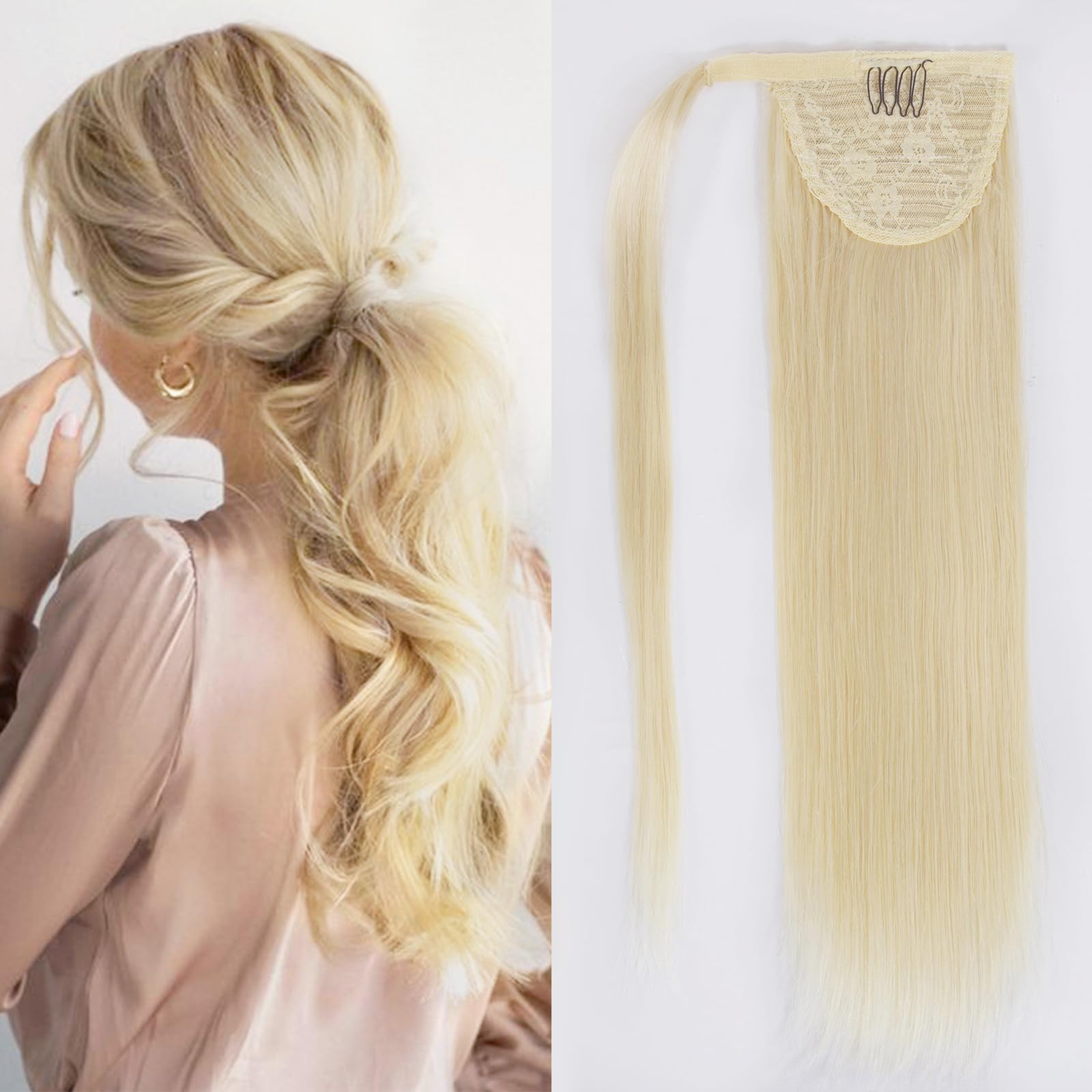 Tinashe Clip-In Ponytail Hair Extensions 18 Inch - 100% Remy Human Hair, #613 Blonde, Long Straight Wrap Around Ponytail for Women | Perfect for Parties, Weddings & Everyday Styling
