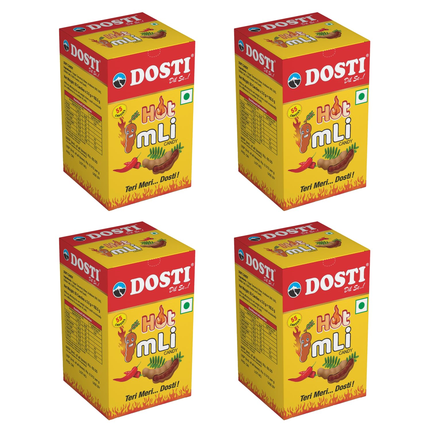 Snowpeak Dosti Hot Imli Candy - Tangy Tamarind Candy for Digestion | Pack of 4 x 55 Pieces (220 Total) | Perfect for Snacking, Travel & Digestive Relief