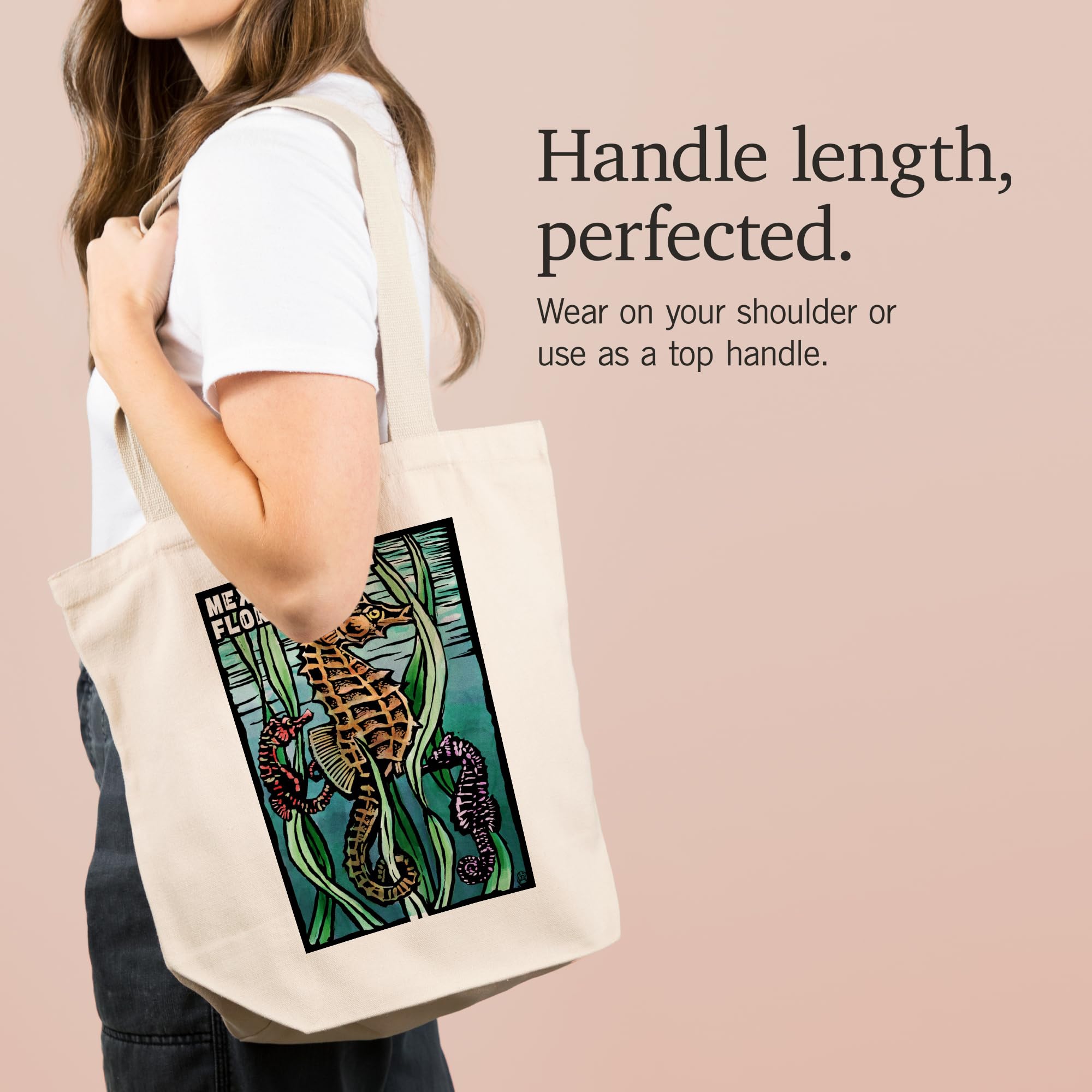 Lantern Press Mexico Beach Florida Seahorse Scratchboard Tote Bag - 100% Cotton Canvas Reusable Shopping Bag for Beach, Grocery & Everyday Use