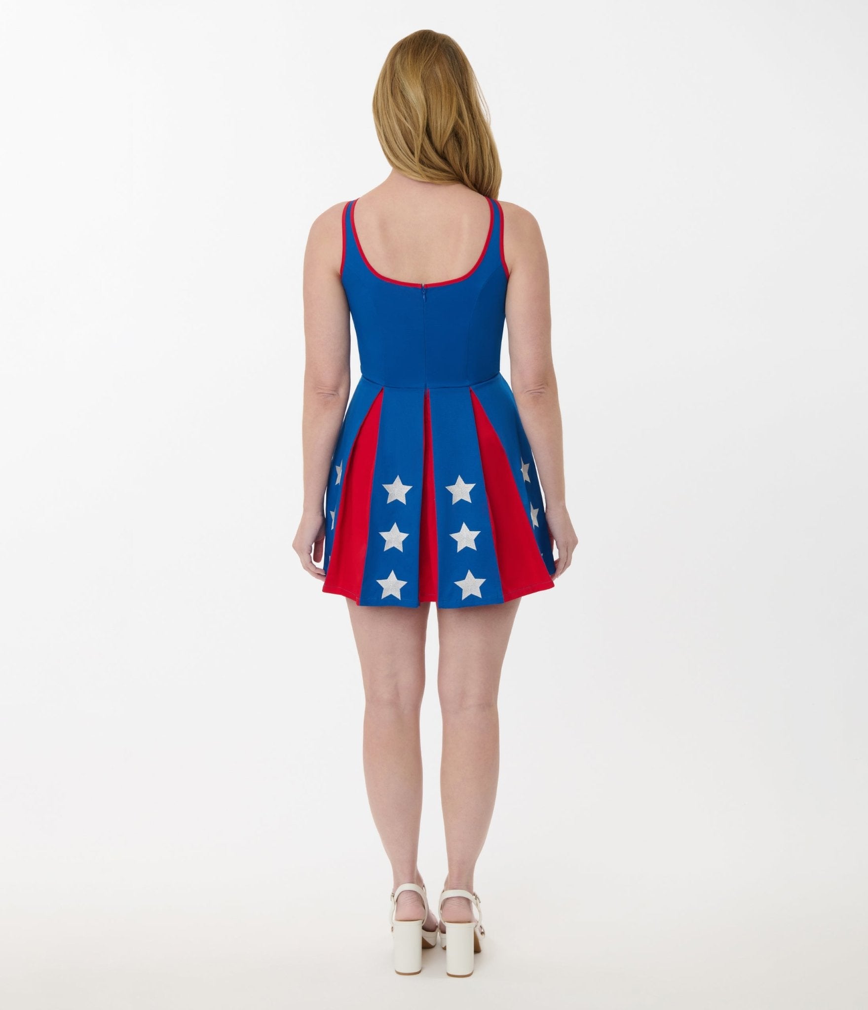 Smak Parlour Patriotic Star Pleated Skirted Romper - Red, White & Blue - Perfect for 4th of July, Summer Parties & Festive Outfits