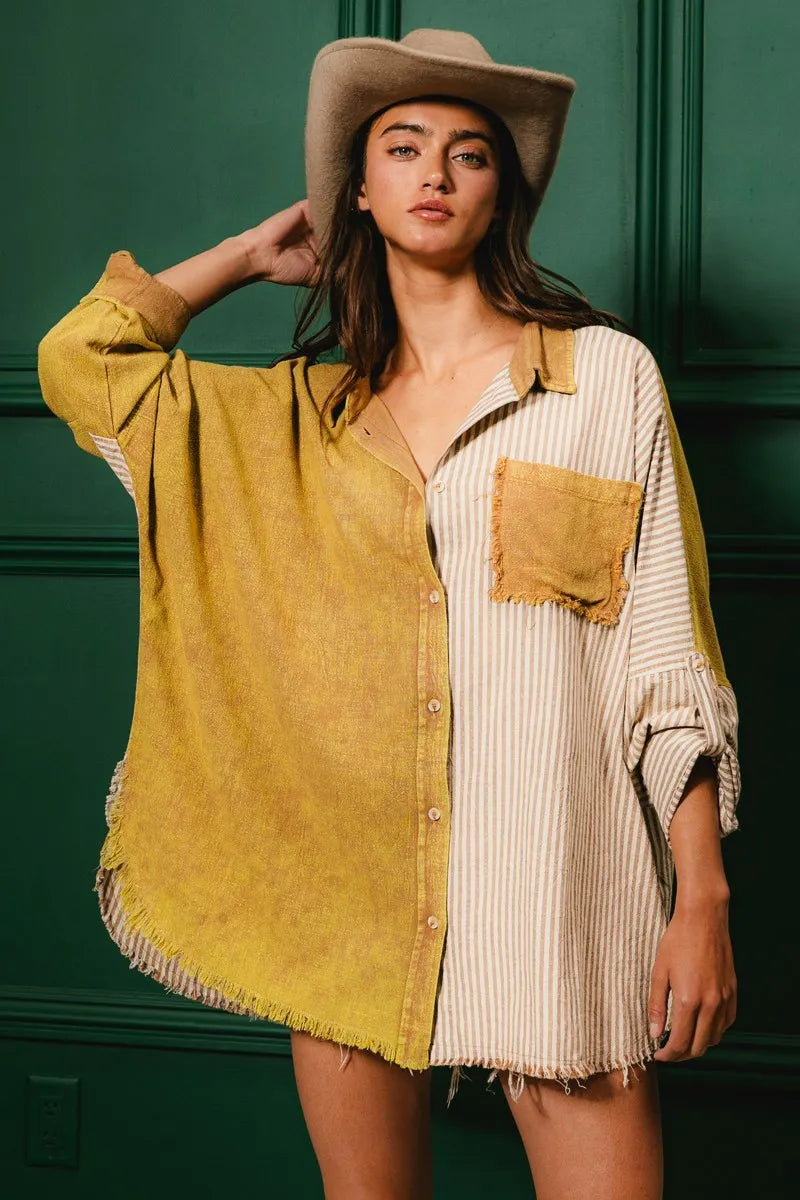 BiBi Washed Raw Hem Shirt - Trendy Distressed Denim Top for Women | Perfect for Casual Outings, Street Style & Layering