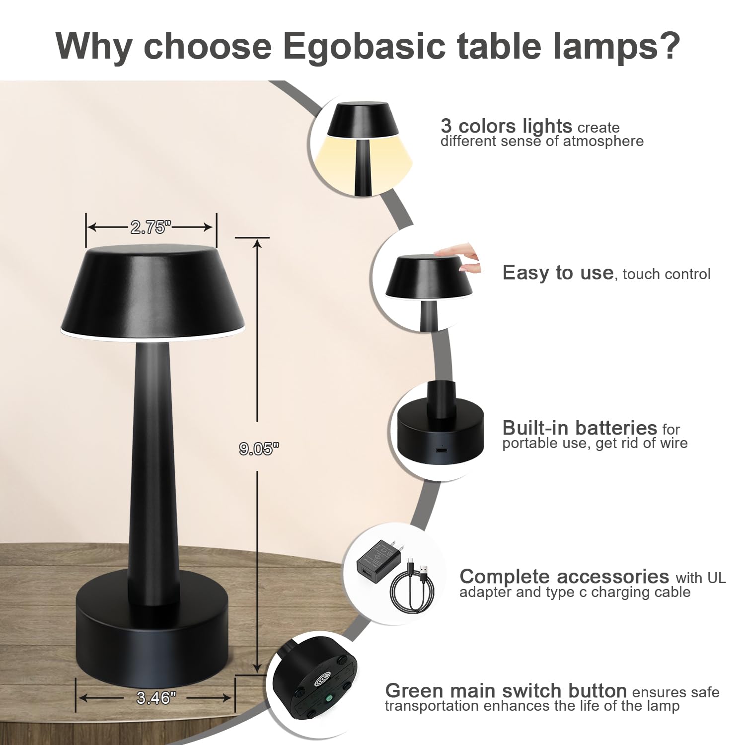 Egobasic Rechargeable Cordless Small Table Lamp - Portable Battery Operated Touch Control 3-Way Dimmable Night Light - Metal Bedside Lamp for Bedroom, Living Room, Office, Hotel & Restaurant Decor (Black) | Perfect for Reading, Relaxing & Ambient Lighting