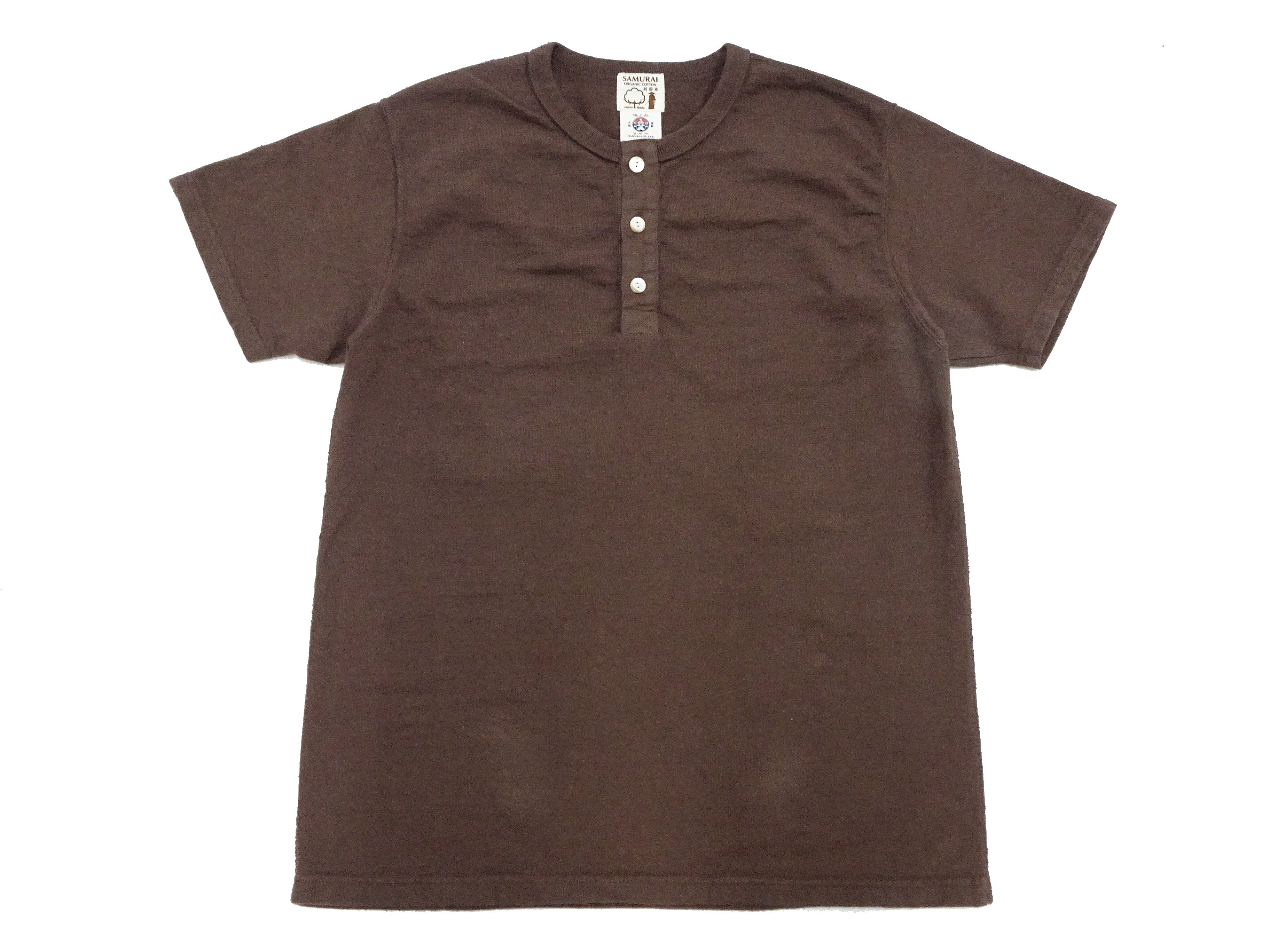 Premium Samurai Jeans Men's Heavyweight Short Sleeve Henley T-Shirt - 100% Japanese Slub Cotton - Dark Chestnut Color - Casual Wear & Street Style Essential