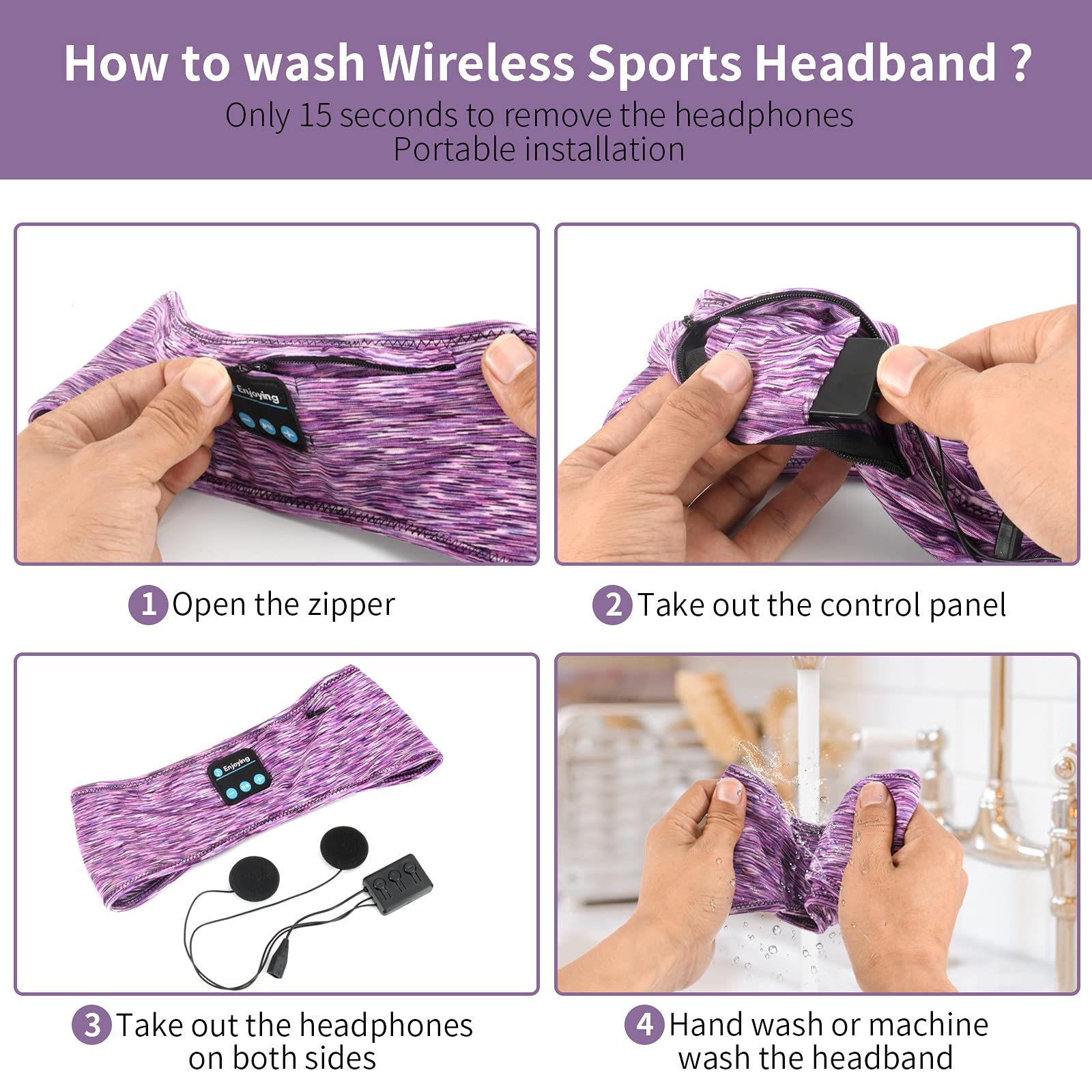 Wireless Sleep Headphones Headband with Zip Pocket - Ultra-Thin HD Stereo Speakers for Side Sleepers, Meditation, Yoga & Sports | Comfortable Bluetooth Music Headband for Night Use, Gym Workouts & Relaxation (Purple)