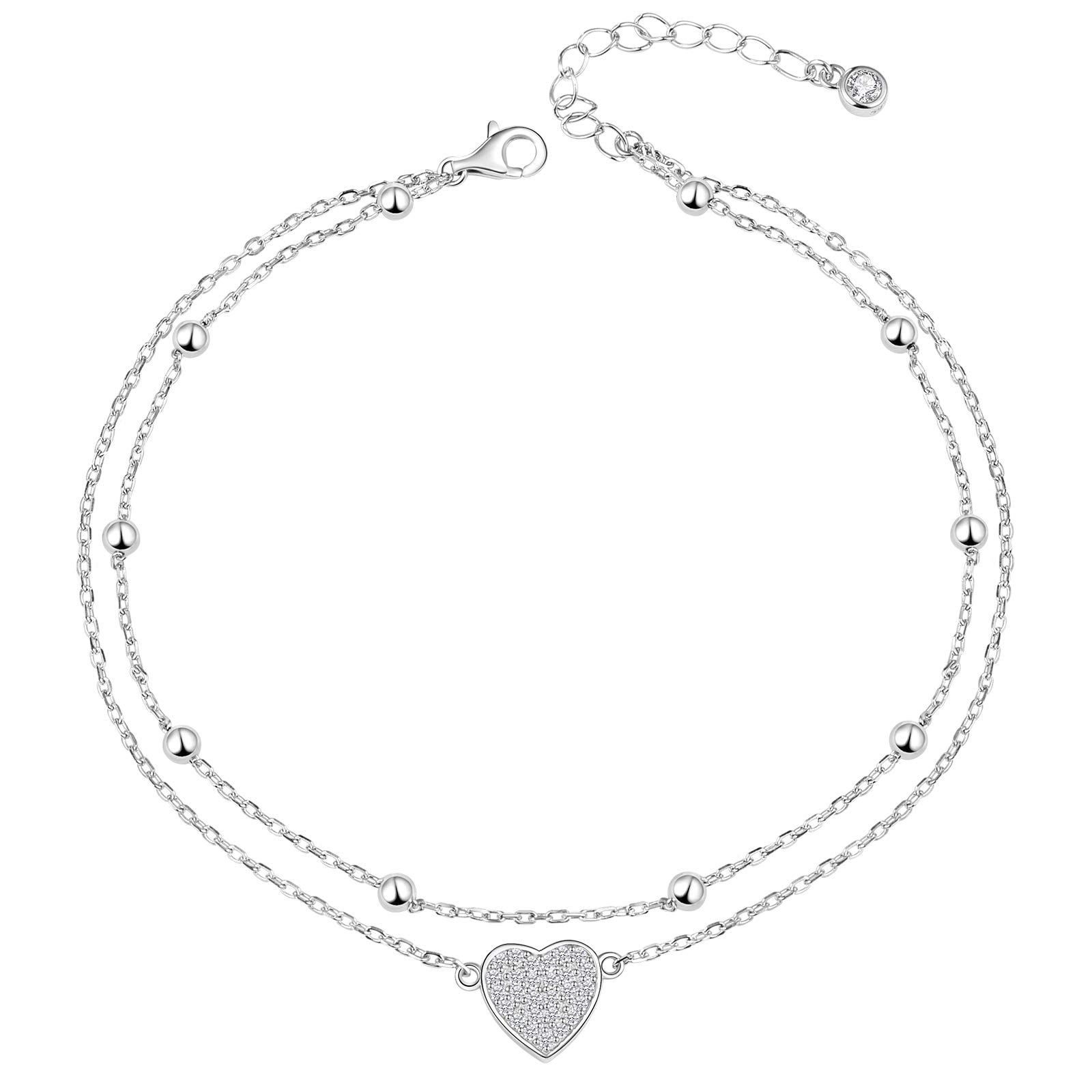 925 Sterling Silver Heart Layered Ankle Bracelet for Women - Adjustable Double Layer Beaded Chain Anklet with Love Heart Charm | Perfect for Beach, Summer Outfits & Romantic Occasions