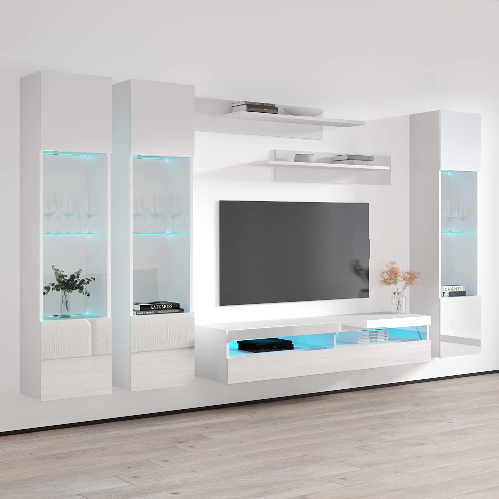 Modern White Wall-Mounted TV Stand with Storage Shelves & LED Lights - Floating Entertainment Center Console for Bedroom & Living Room - Perfect for Small Spaces & Home Theater Setup - Meble Furniture Fly CD3 35TV Stand