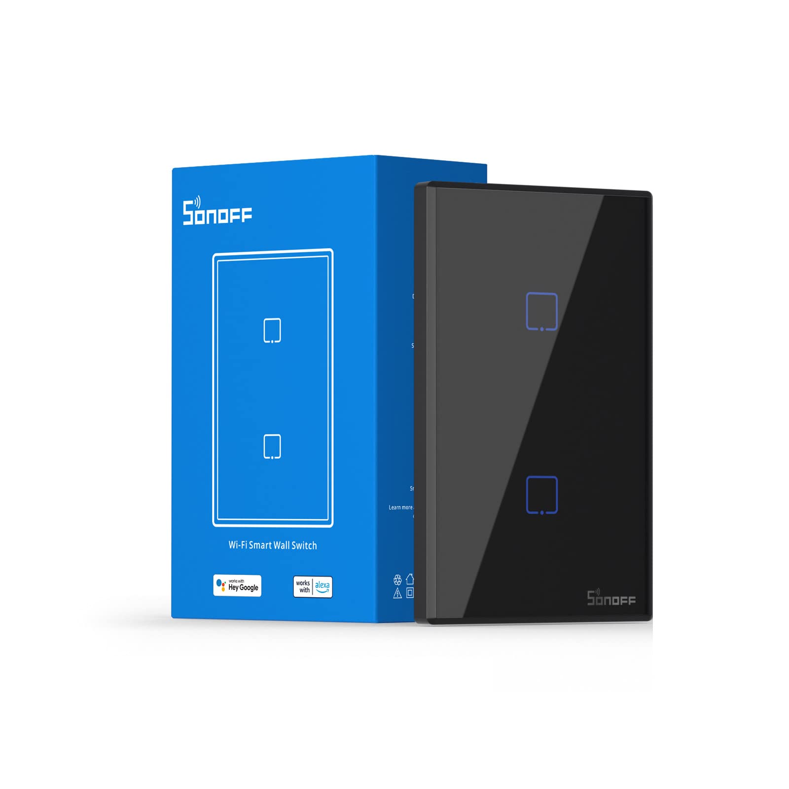 SONOFF Smart Light Switch 2 Gang 1 Way - WiFi Touch Wall Switch (2.4GHz) Compatible with Alexa & Google Home, RF433 Remote Control, Neutral Wire Required, Black (T3 Model) - Perfect for Smart Home Lighting Control in Bedrooms, Living Rooms & Offices