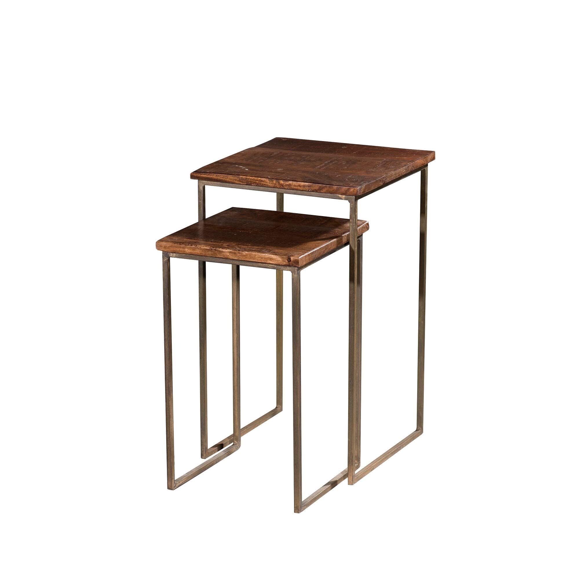 Handmade Solid Wood Iron Square Nesting Table Set - Brown Gold Industrial Modern Contemporary Wood Finish for Living Room, Patio, or Office Decor