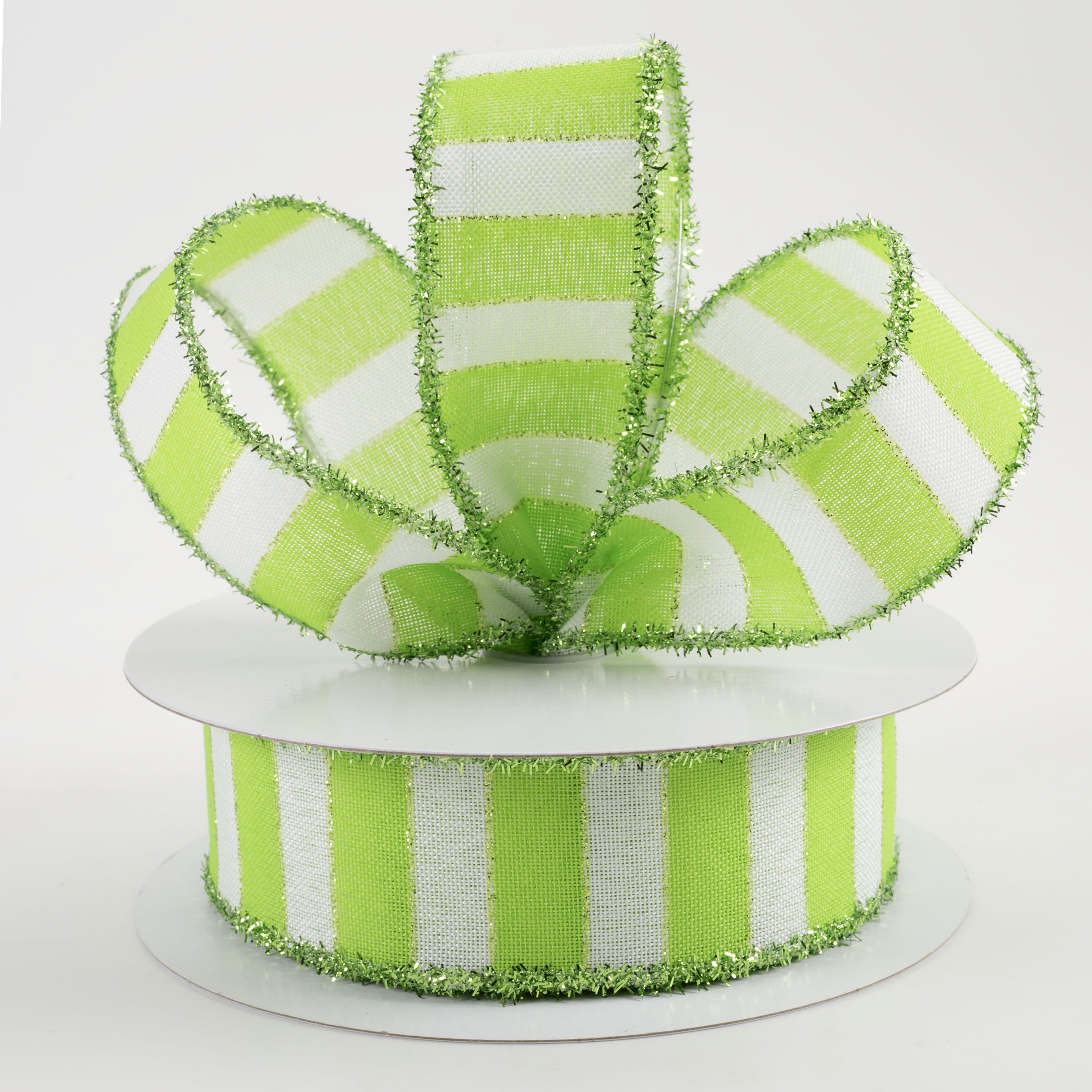 1.5 Inch Linen Stripes Tinsel Edge Ribbon - Lime & White (10 Yards) for Gift Wrapping, Party Decorations, DIY Crafts and Scrapbooking