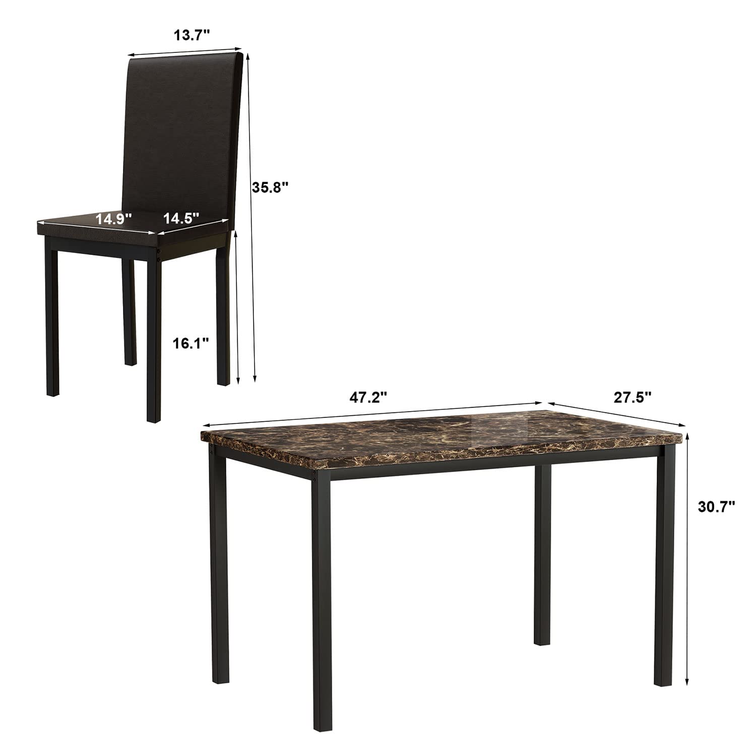 5-Piece Modern Dining Table Set with Rectangle Faux Marble Top & 4 High-Back Leather Chairs - Black Kitchen Table for Dining Room, Perfect for Family Gatherings and Dinner Parties