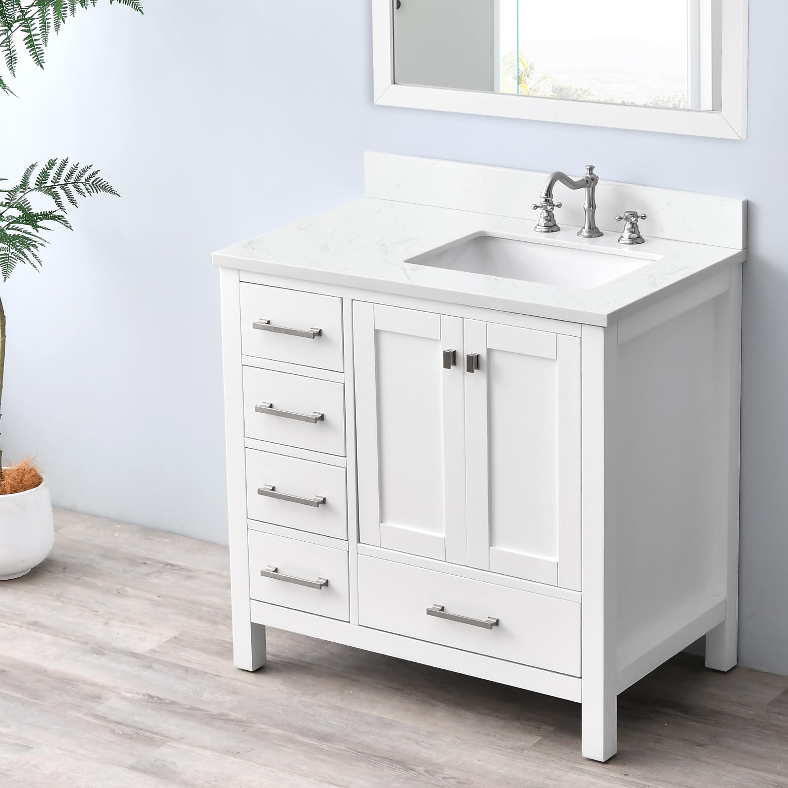 36 Inch Vanity Sink Top - Engineered Stone Composite Bathroom Vanity Top with Rectangular Right Offset Sink in Ariston White | Includes 8