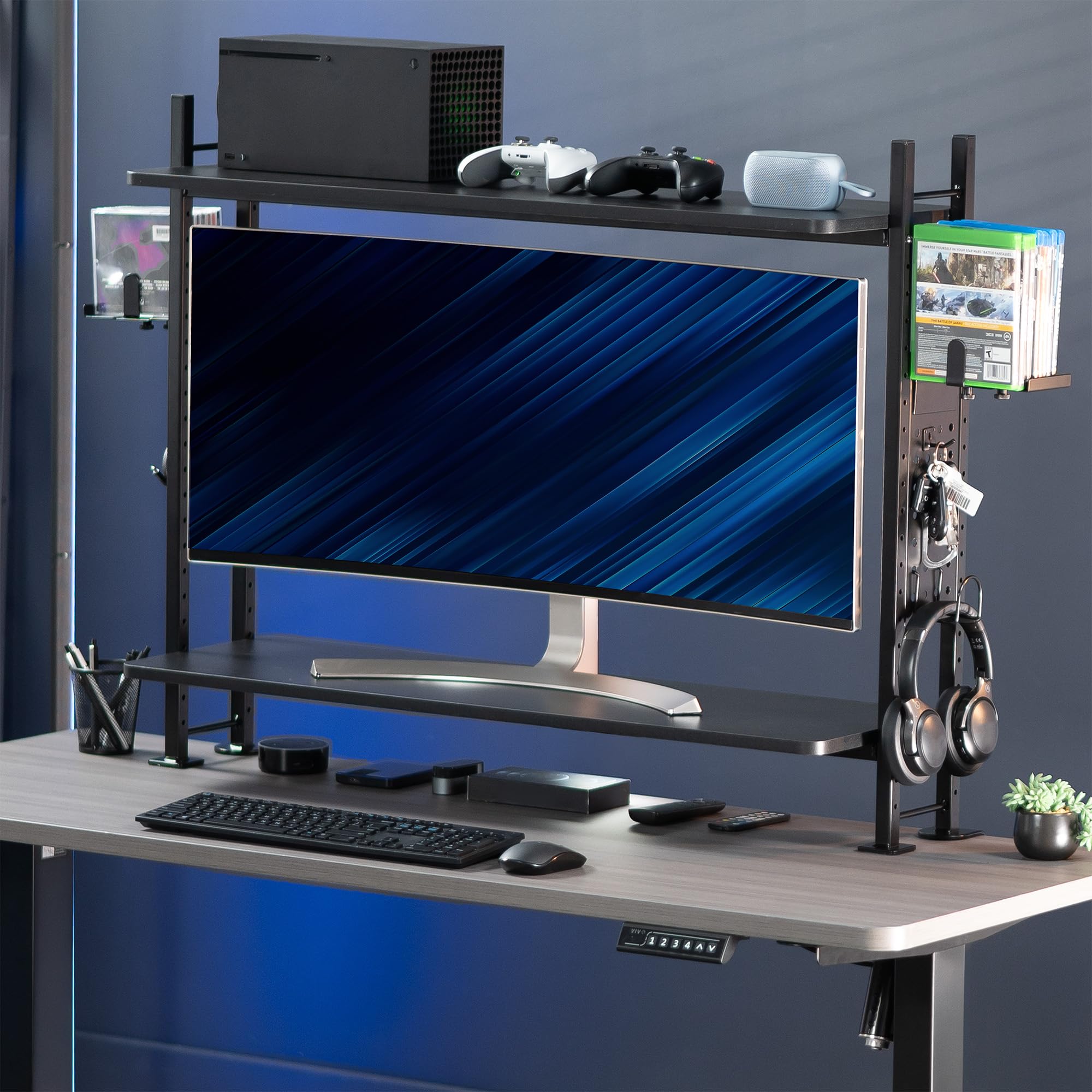 VIVO 40 Inch Black Clamp-on 2-Tier Desk Shelf with Pegboard - Organizer for Table Accessories, Gaming Devices, Office Supplies - Perfect for Home Office, Gaming Setup & Workspace Organization