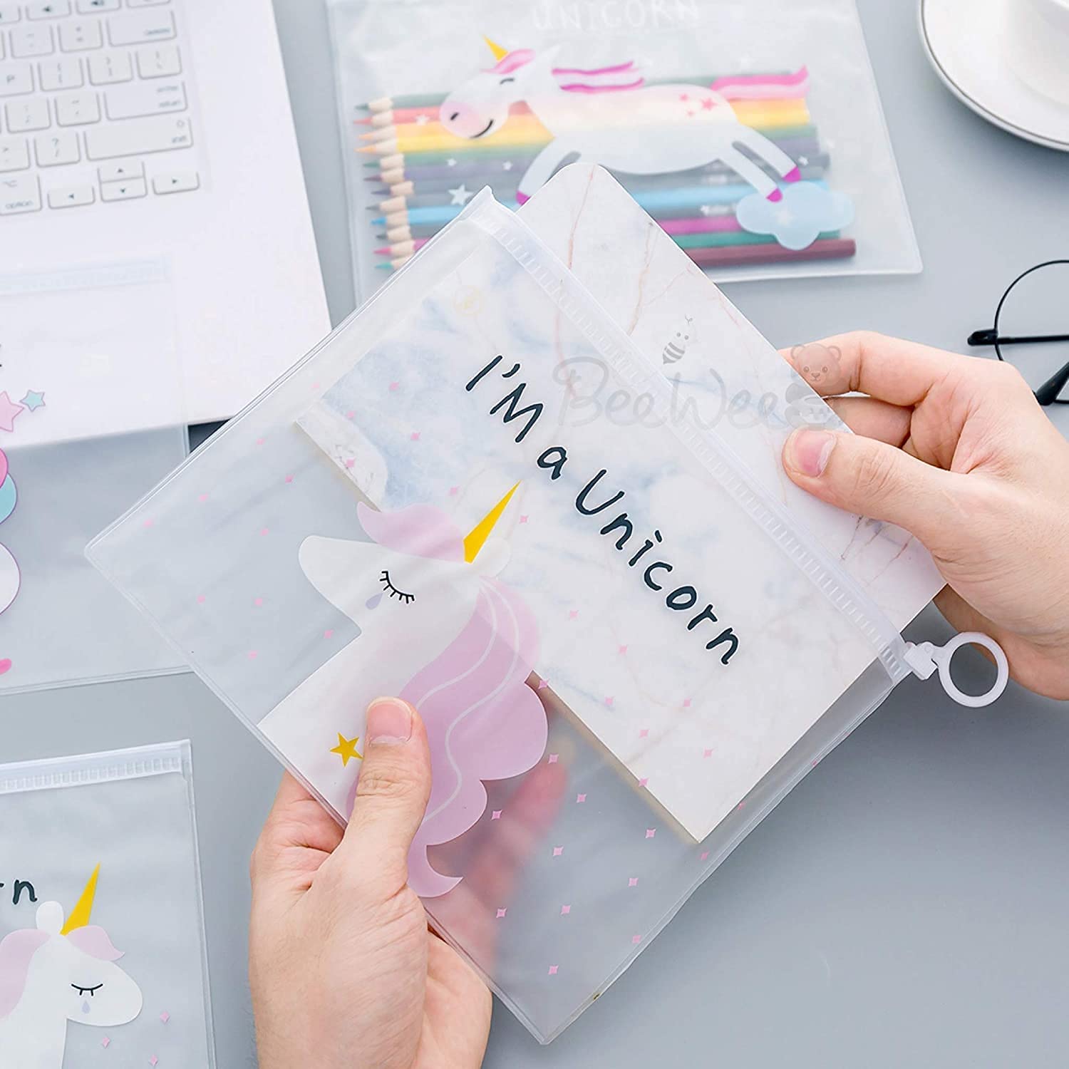 BREEPREE (Pack of 4) Transparent Unicorn Print Pencil Case - Waterproof Zippered Pouch for School Supplies, Makeup Organizer, Travel Accessories - Perfect Gift for Kids, Boys & Girls - Ideal for Backpack, Office & Travel Organization