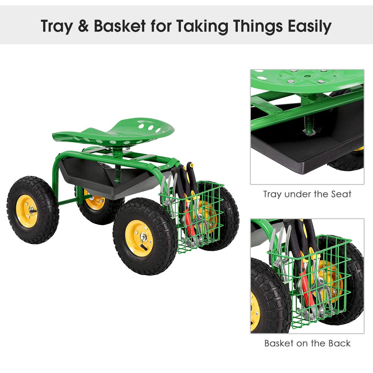 Heavy Duty Garden Cart with Adjustable Swivel Seat - Rolling Work Seat for Planting, Gardening, and Yard Work - Includes Tool Tray & Storage Basket - Perfect for Landscaping, Farm Work, and Outdoor Projects