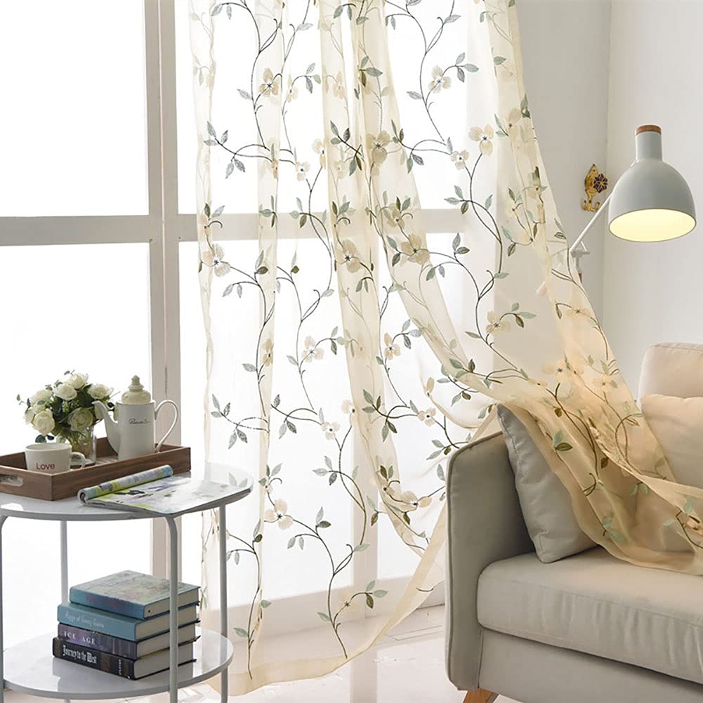 Floral Embroidered Sheer Curtains with Grommets - 98x106 Inch Light Filtering Window Treatments, Rustic Tulle Drapes for Farmhouse Bedroom & Living Room Decor