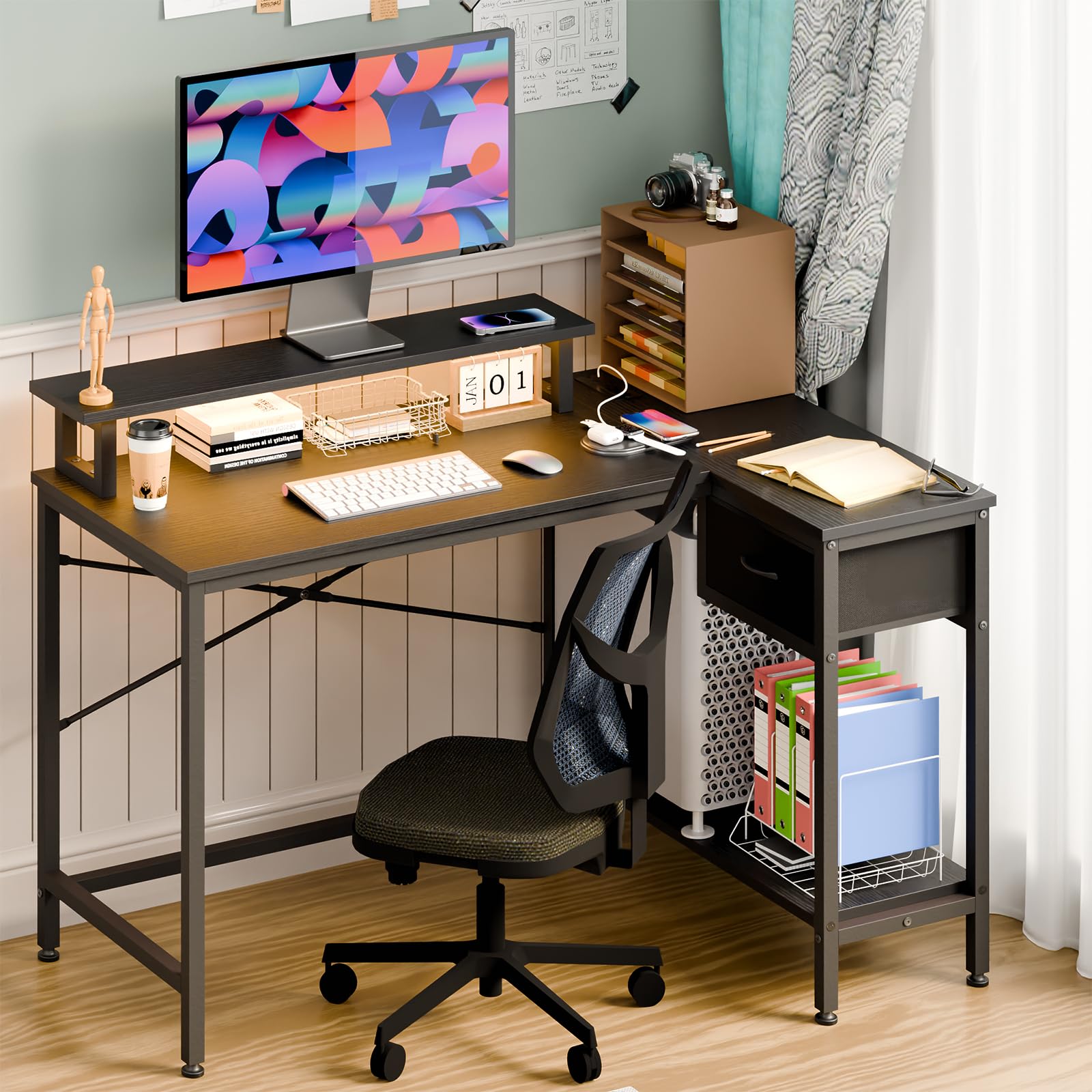 Fixwal L-Shaped Gaming Desk with Power Outlets & LED Lights - Compact Corner Computer Desk for Small Spaces, Home Office Desk with Drawer, Black | Perfect for Bedroom Gaming Setup, Study & Workstation Organization