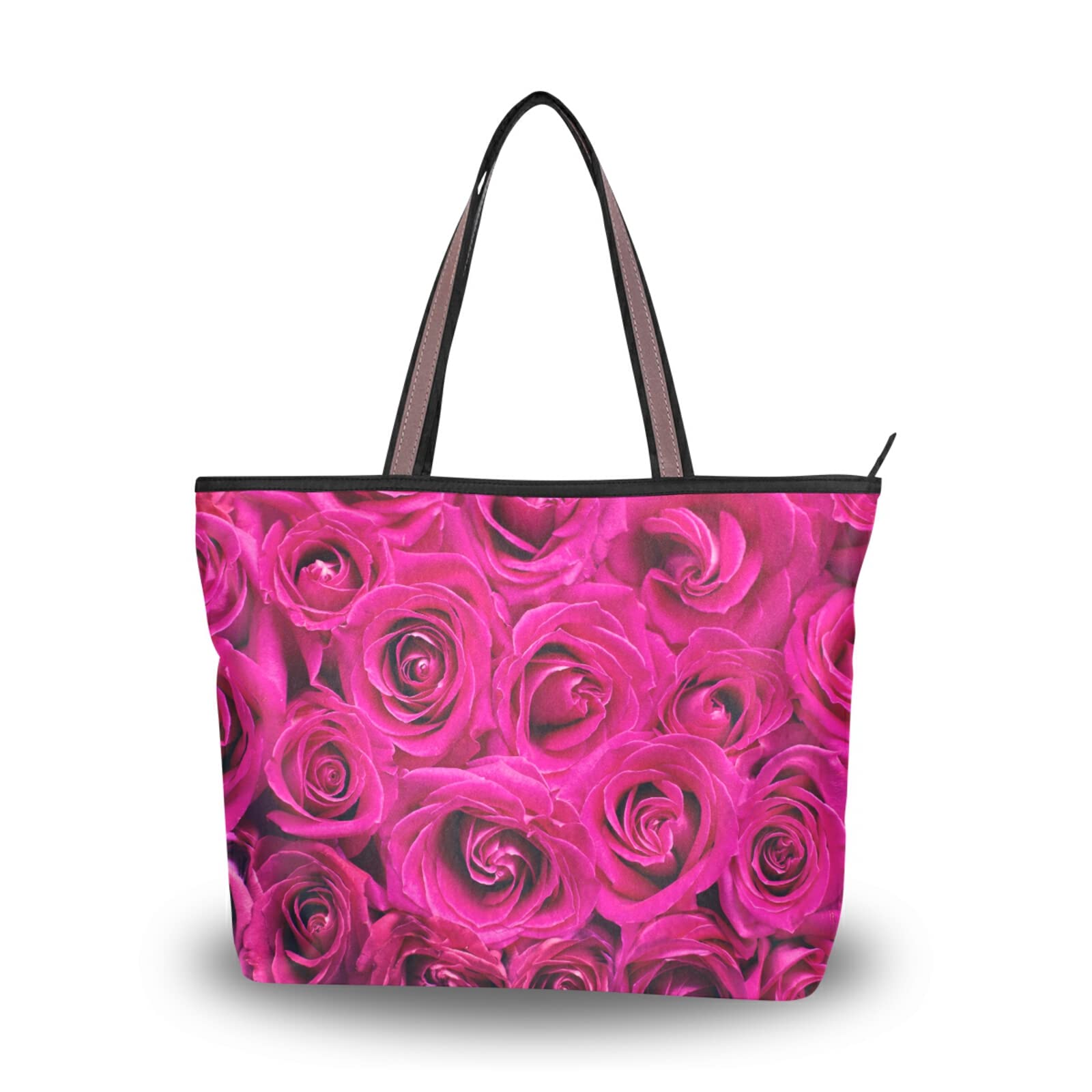 Pink Roses Tote Bag for Women - Large Capacity Zippered Grocery Bag, Aesthetic Purse for Daily Use (2 Sizes) - Perfect for Shopping, Beach, Work & Travel