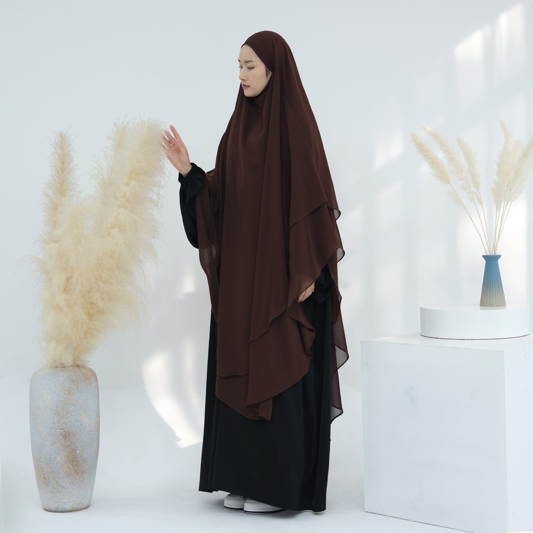 2 Layer Maxi Chiffon Khimar Scarf - Elegant Coffee Color Muslim Prayer Hijab for Women, Perfect for Daily Wear, Prayer, and Special Occasions