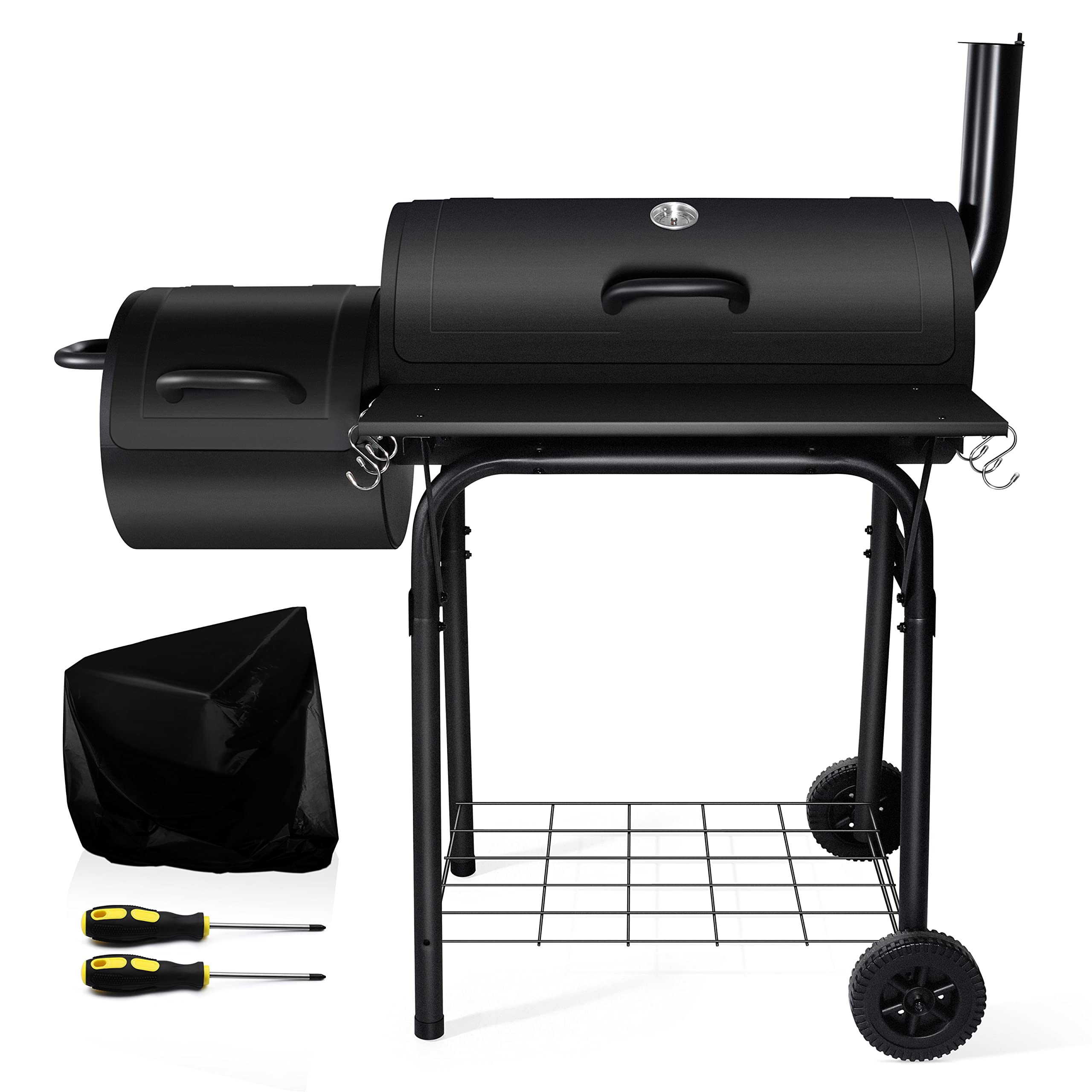 Leonyo 14-Inch Wide Black Outdoor Charcoal Grill with Offset Smoker - 438 Sq.in BBQ Cooking Surface for Backyard, Camping & Tailgating Parties | Perfect for Grilling, Smoking & Outdoor Cooking