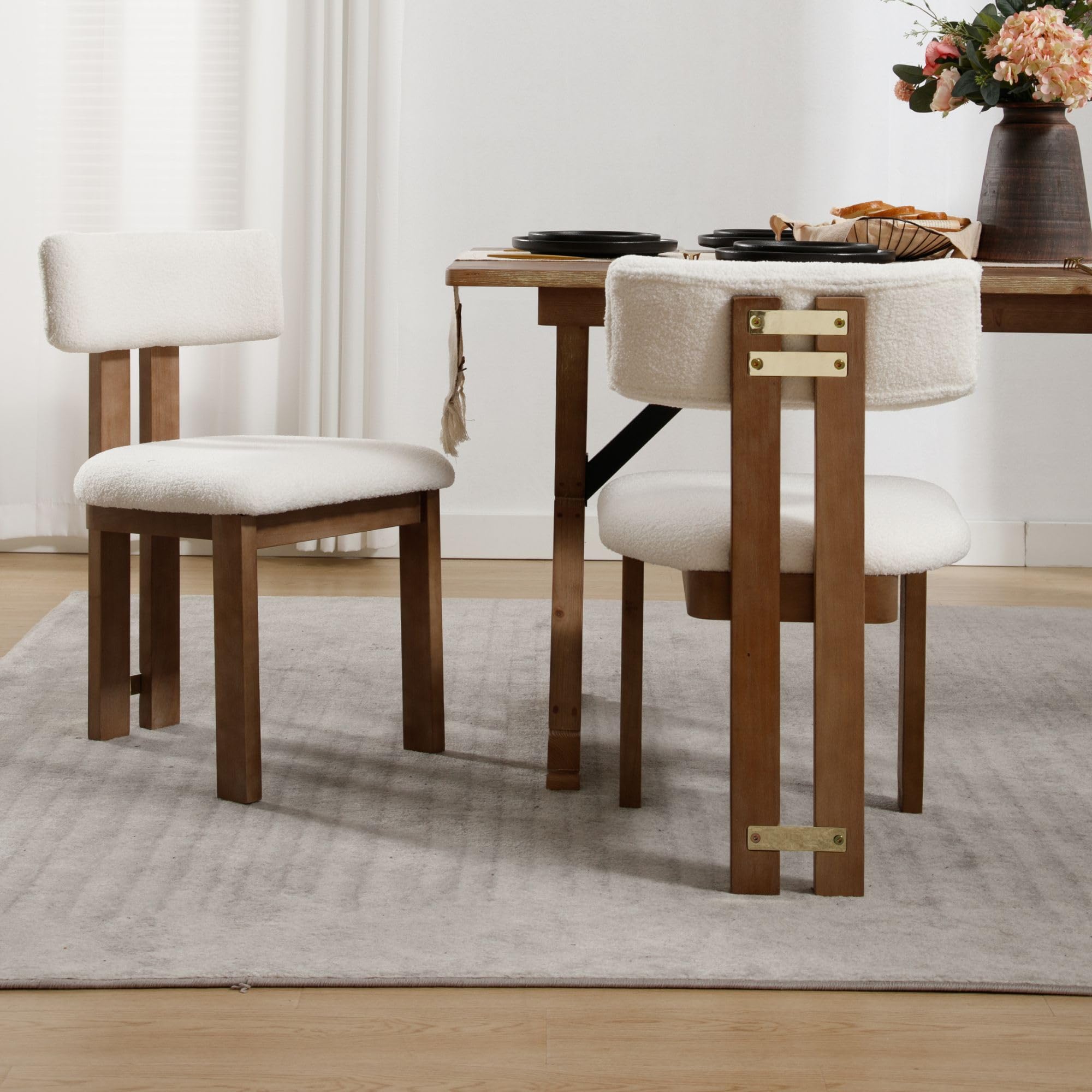 Boucle Dining Chairs Set of 2 - Farmhouse Fabric Kitchen Chairs with Natural Hardwood Legs, Armless Upholstered Accent Chairs for Dining Room, Living Room & Office - White Modern Home Decor