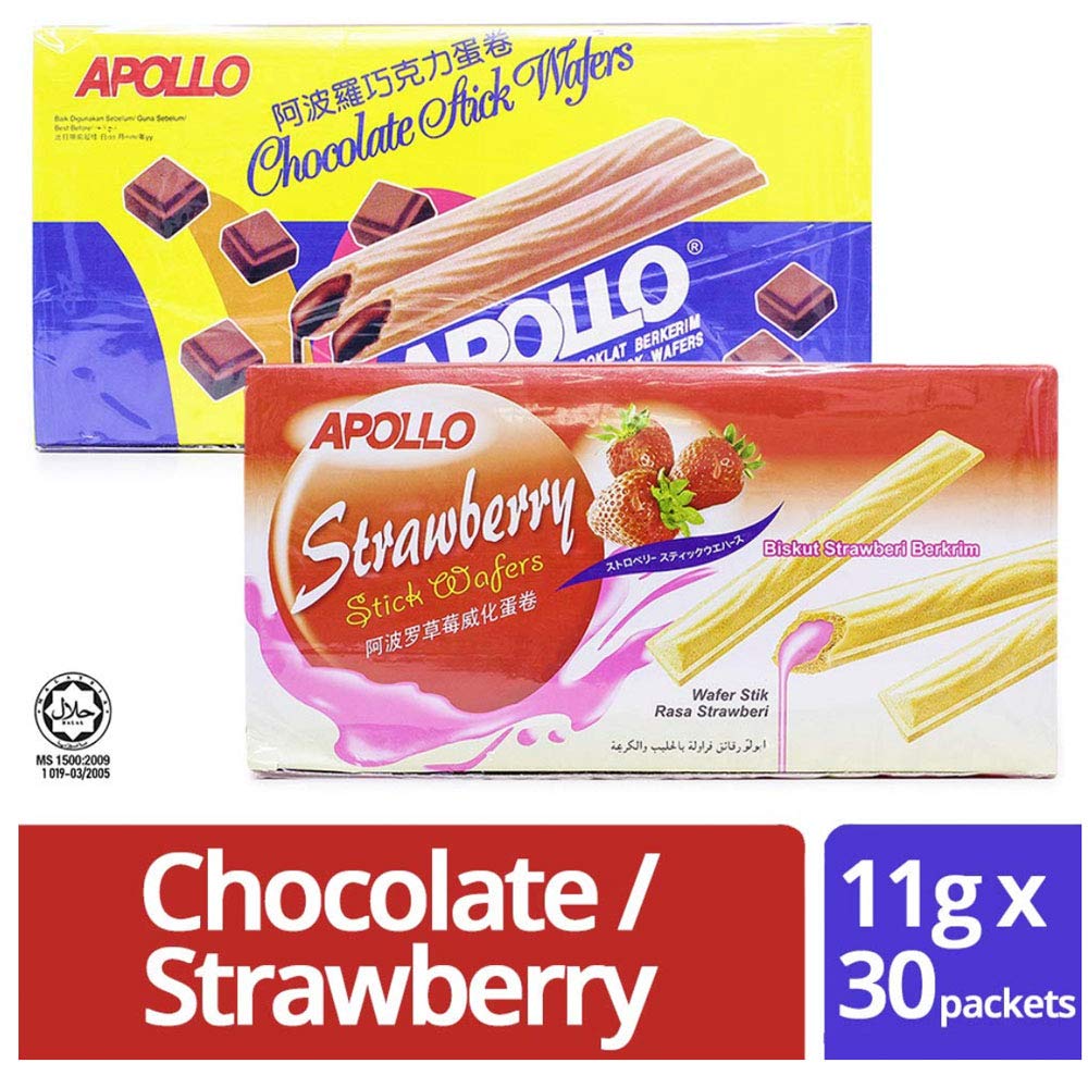 Apollo Malaysia Chocolate Strawberry Flavor Cream Wafer Biscuits - Halal Snack, 11g (0.39 oz) x 30 Packets per Box - Perfect for Tea Time, Office Snacks & Party Treats