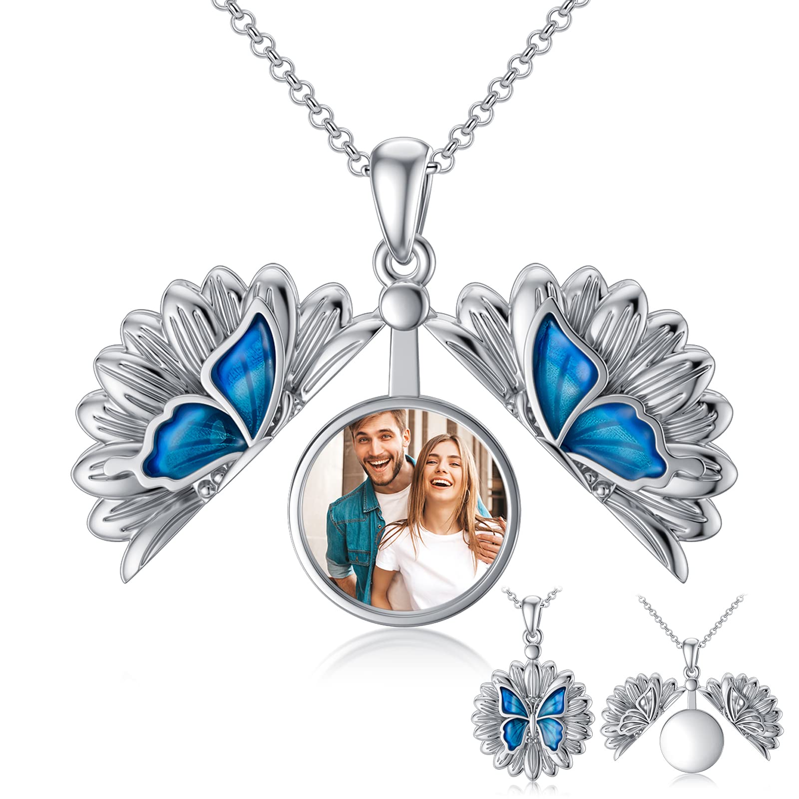 SOULMEET 1 Inch Round Sunflower Butterfly Photo Locket Necklace - Sterling Silver Personalized Expandable Pendant for Women - Perfect for Gifts, Anniversaries & Special Occasions