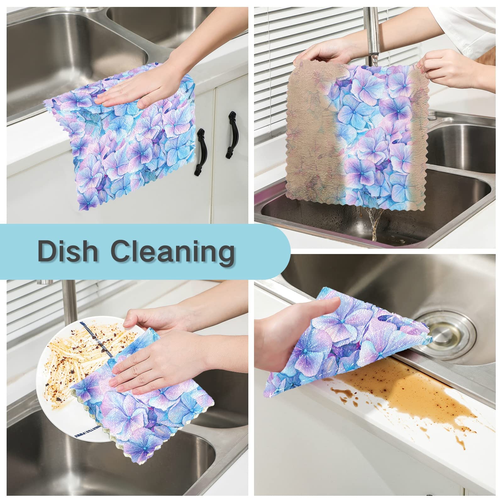 ALAZA Super Absorbent Dish Towels Set of 6 - 11x11 Inch Lint-Free Kitchen Cleaning Cloths with Blue Violet Floral Design, Soft Bar Tea Towels for Dishes, Countertops & Drying Hands - Perfect for Kitchen, Dining & Hosting